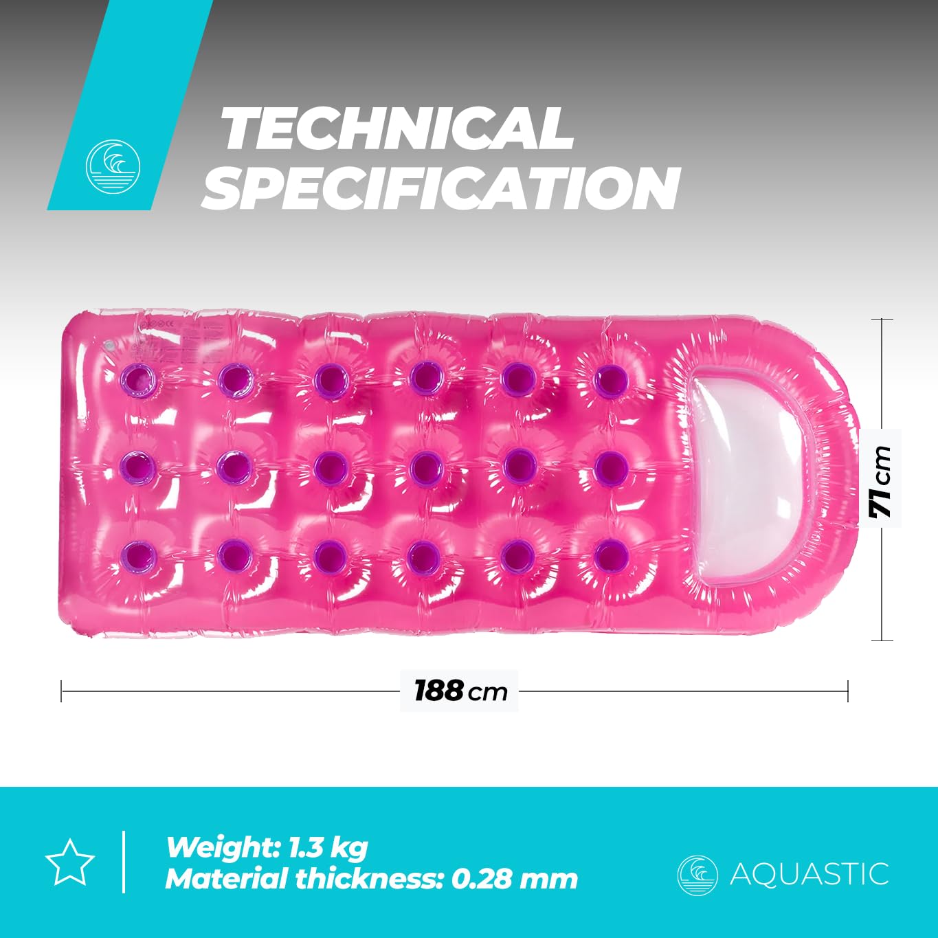 AQUASTIC Materac Do Pływania Plażowy o Wymiarach 188 x 71 cm Dla Dorosłych Dzieci od 14 Roku Życia Wytrzymały Materiał PVC Zintegrowana Poduszka