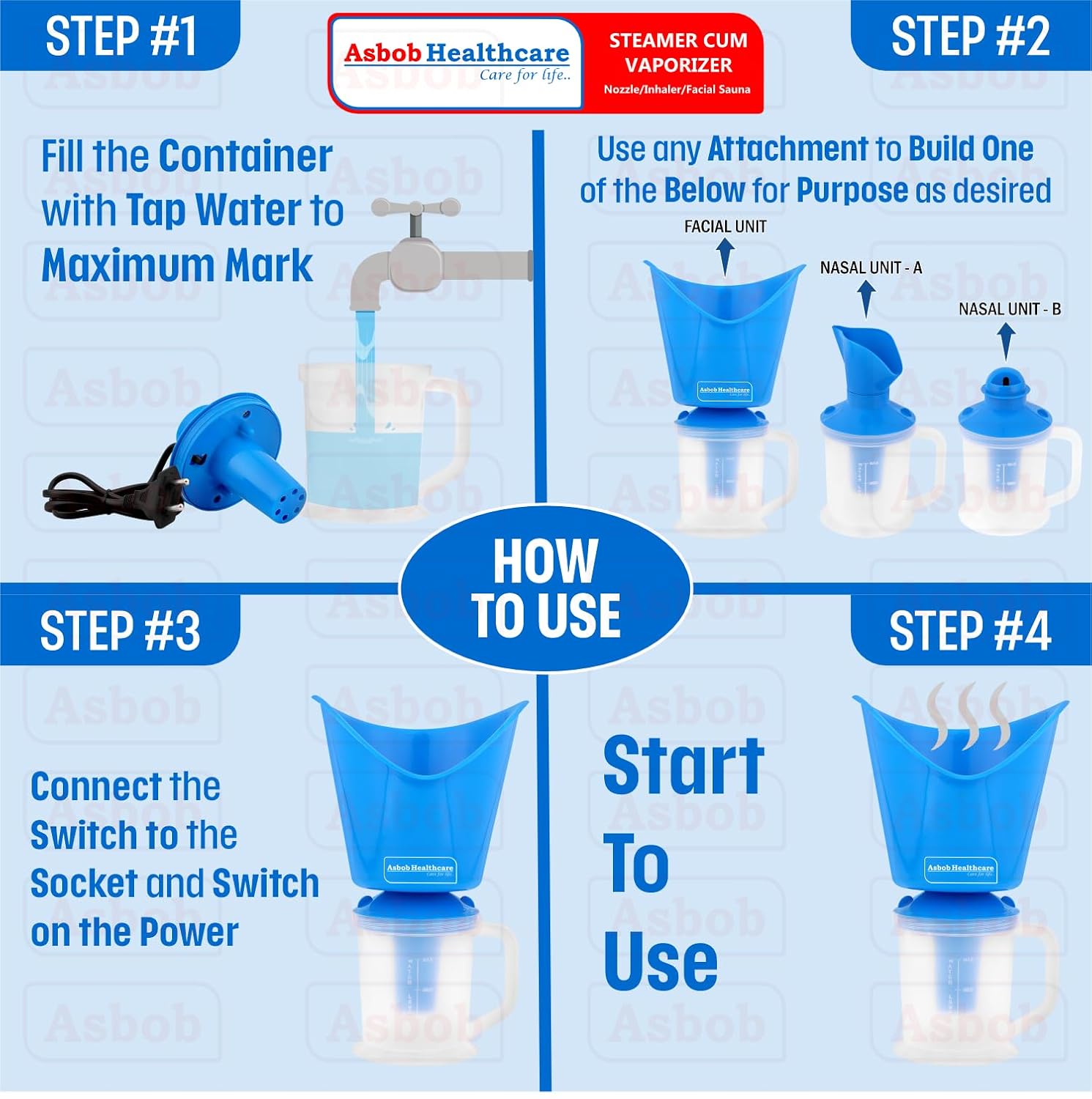 Asbob 3 in 1 steamer for cold and cough, vaporizer steamer for cough, cold and facial, steam inhaler for adult and wagon - blue Asbob 3 in 1 steamer for cold and cough, vaporizer steamer for cough, cold and facial, steam inhaler for adult and wagon - blue