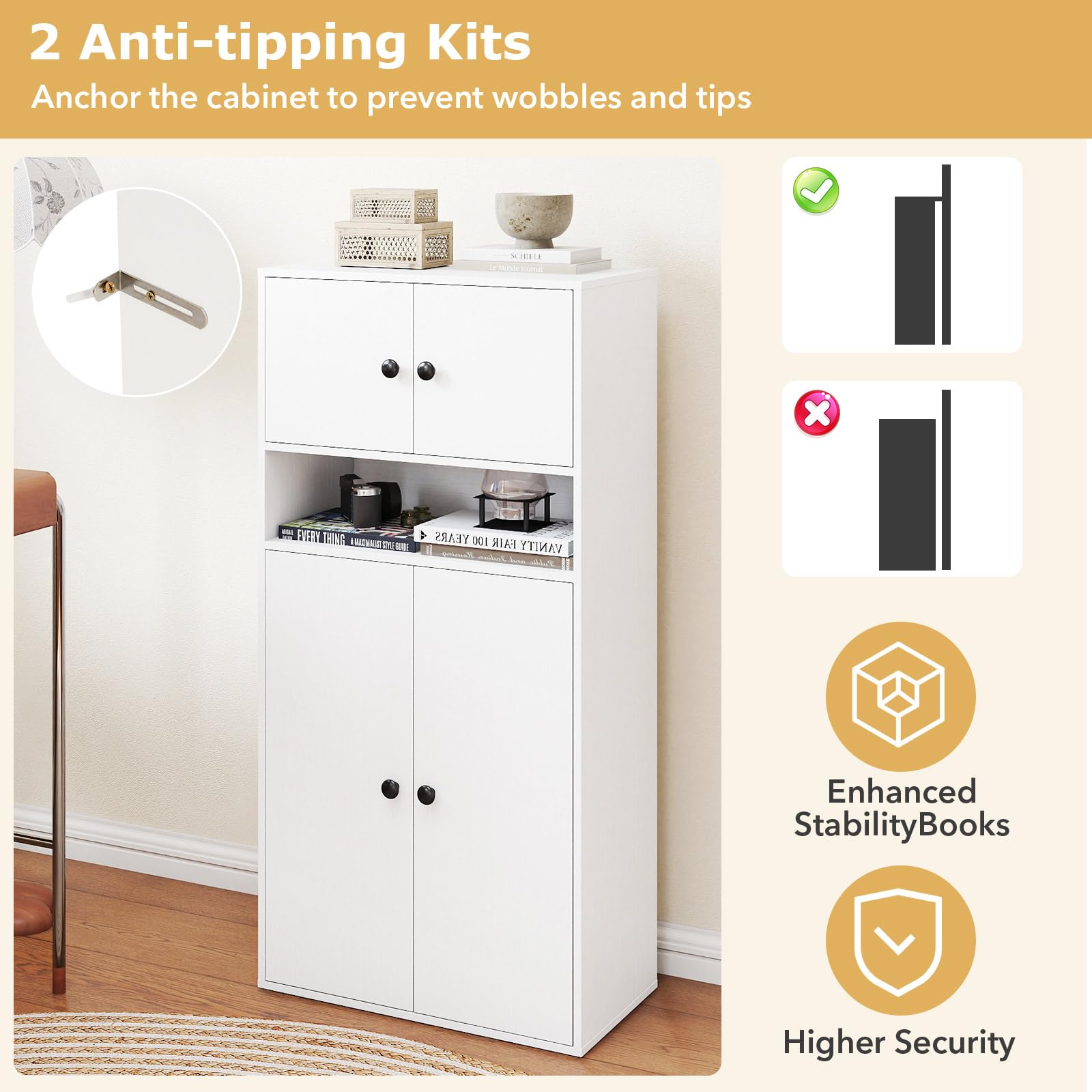 KOMFOTTEU Libreria Verticale a 3 Ripiani, Libreria Chiusa con Ante e Ripiano Aperto, Mobile Soggiorno con Ripiano Regolabile a 5 Livelli, per Studio, Camera da Letto, Bagno, 54 x 30 x 111 cm (Bianco)