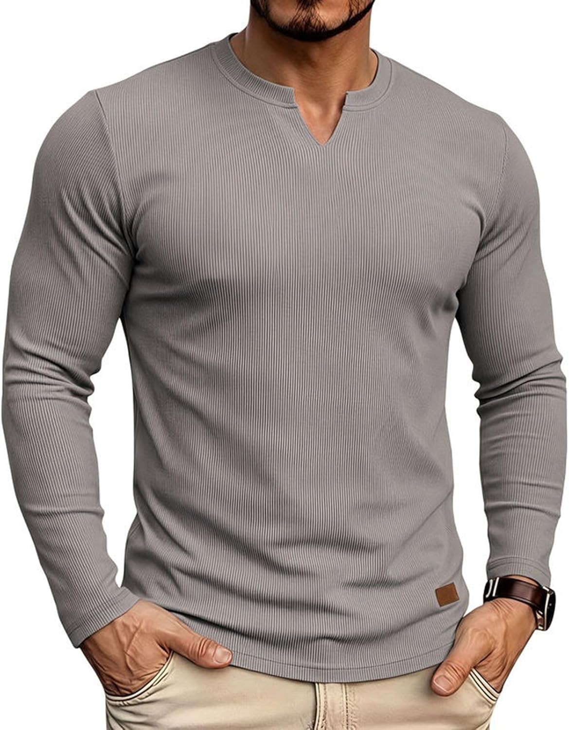 Men's Ribbed Knit V Neck Top Long Sleeve Slim Fit Stretchy Shirts Soft Casual Lounge Fall Winter Layering Tops