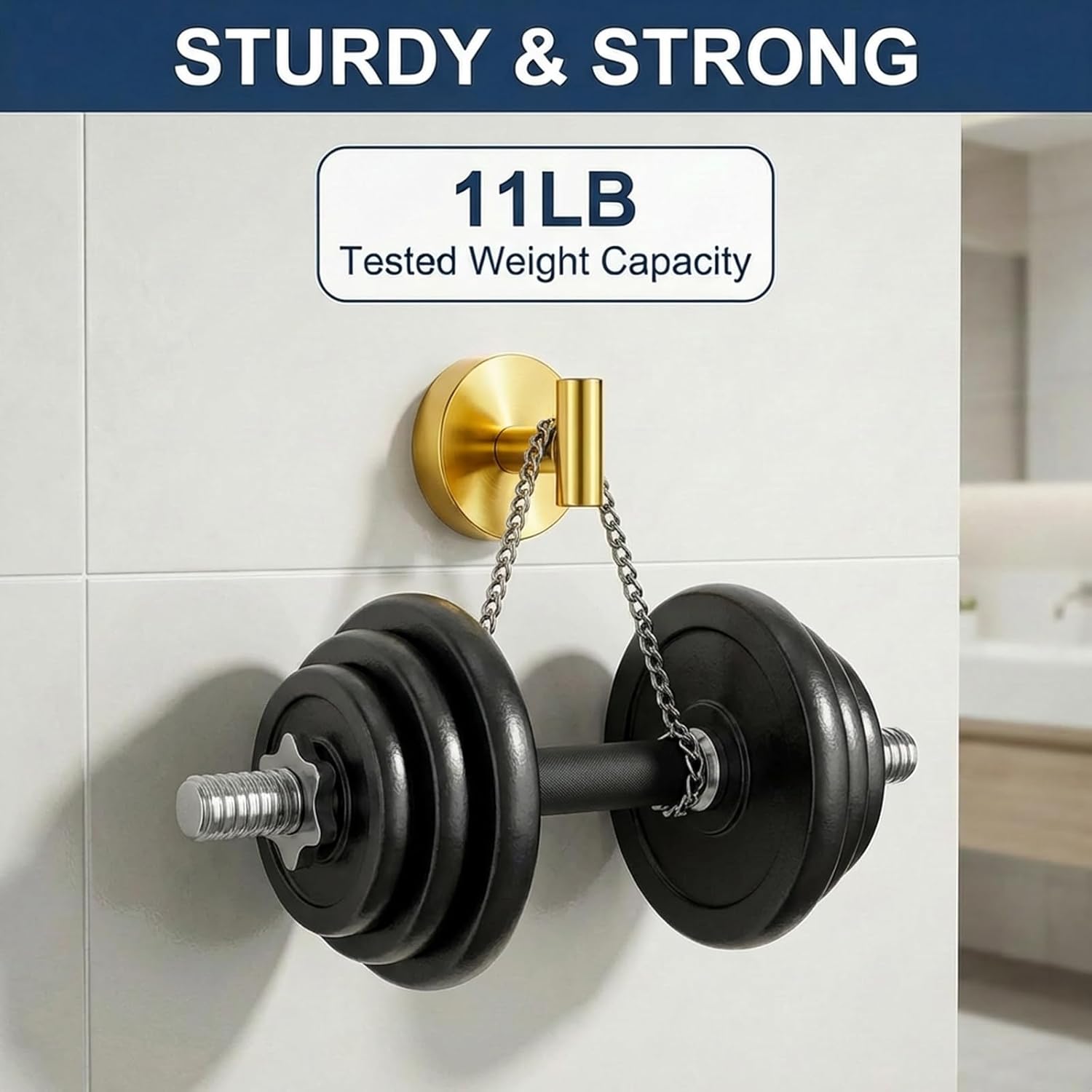 Suction Cup Hooks, 11lb Suction No-Drill Removable & Reusable Shower Hooks, Waterproof Stainless Steel Towel Hooks for Bathroom, Glass, Mirror, Tile, Kitchen, Loofah, Wreaths, Gold(4 Pack)