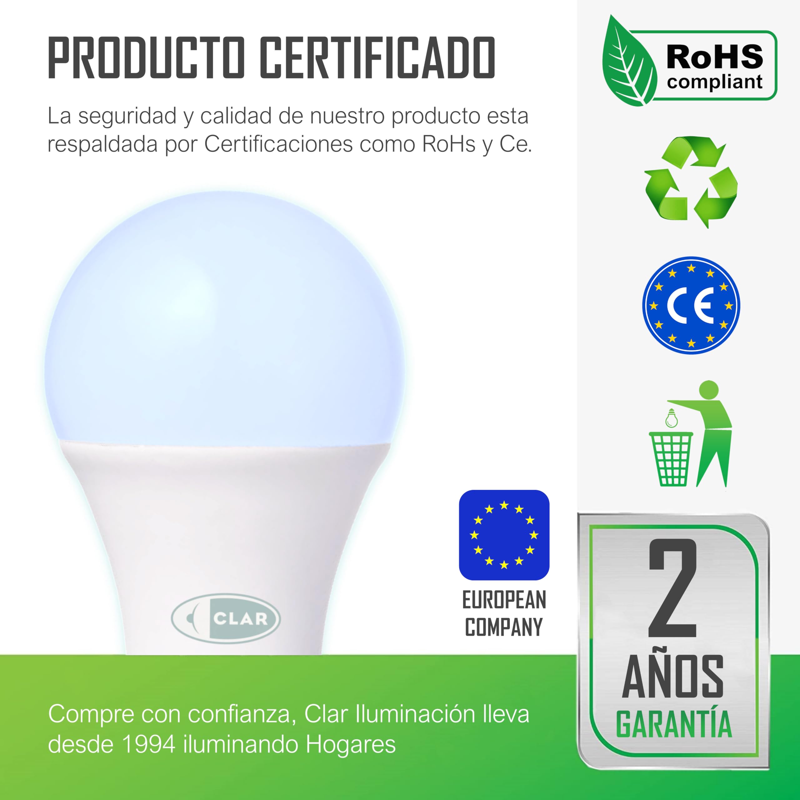 CLAR - Bombillas LED E27 10W 6500K, Luz Fría, Bombilla LED Blanco Frío (Pack 10)