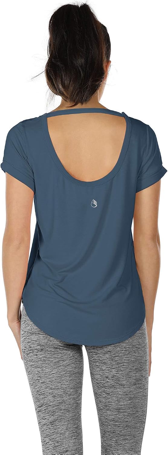 icyzone Open Back Yoga Shirts for Women - Exercise Workout Tops, Athletic Short Sleeves, Running T-Shirts Loose Fit