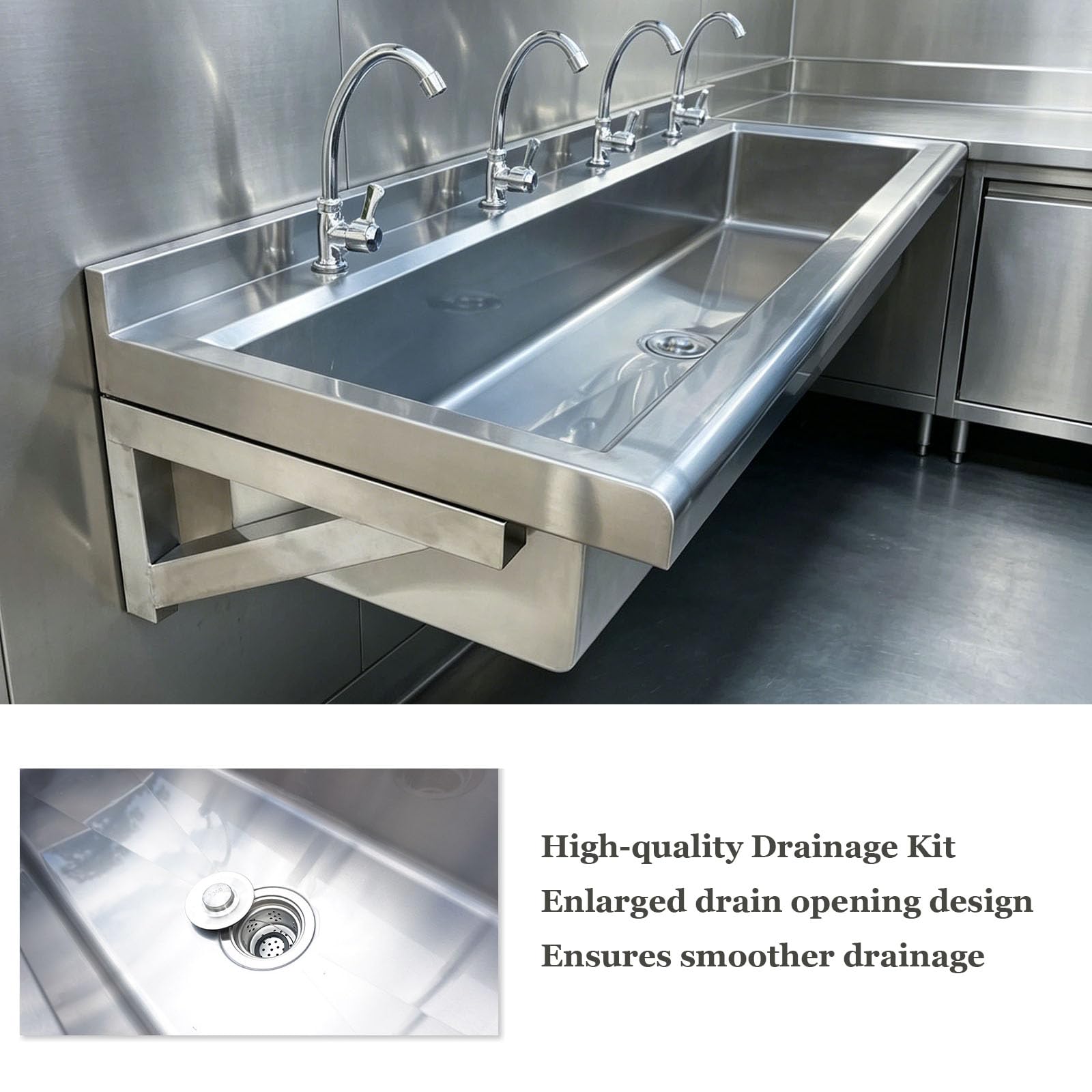 Générique Évier-Auge Professionnel en Acier Inoxydable avec robinets, Lave-Mains collectif Robuste et allongé, Évier Utilitaire Mural pour Restaurant, école, Cuisine ou sanitaires publics