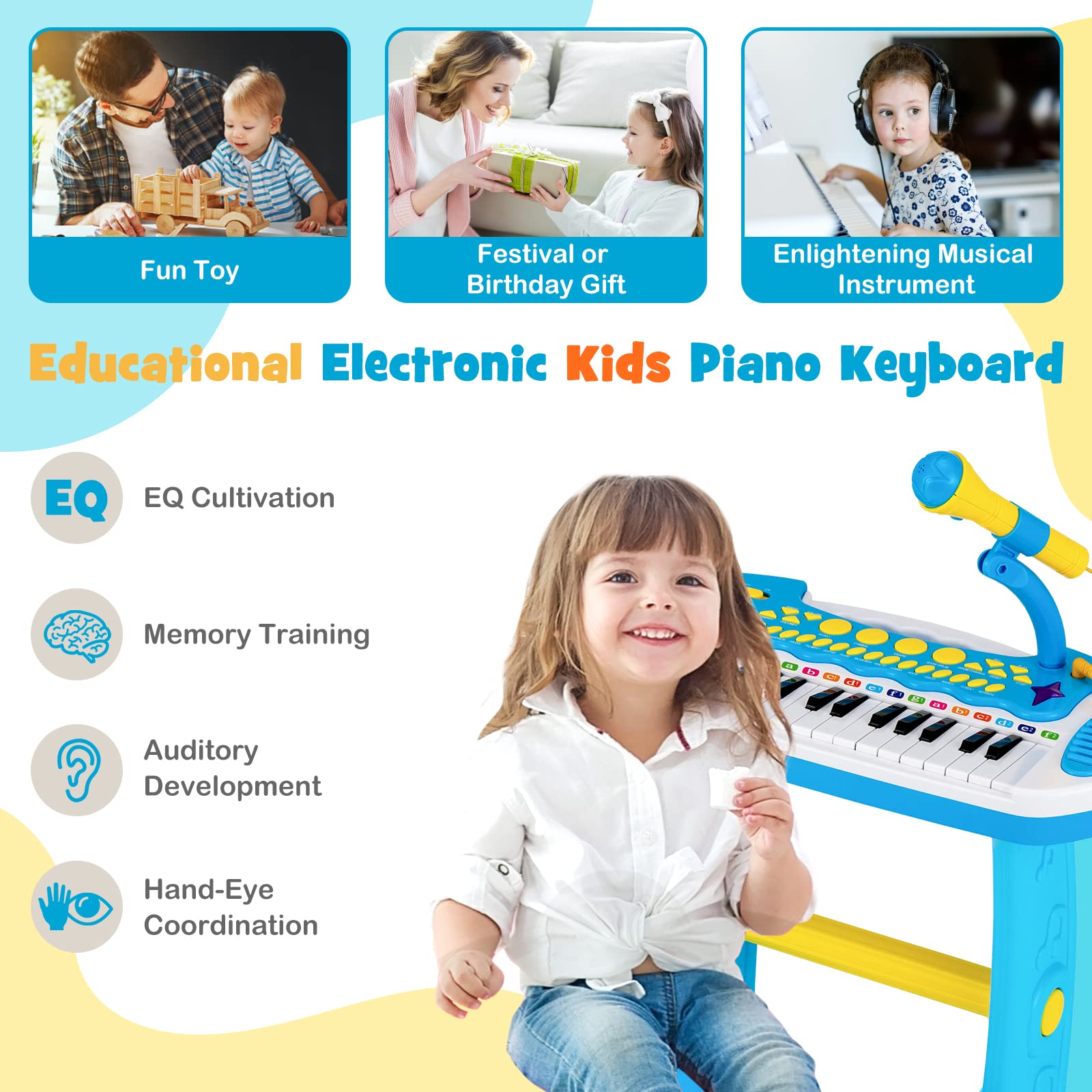 Kids Electronic Piano, 31 Keys Toddler Piano with Microphone, Stool & Lights, Musical Instruments Toy with Multiple Sounds, Christmas Birthday Gifts for Ages 3+ Boys / Girls, Blue