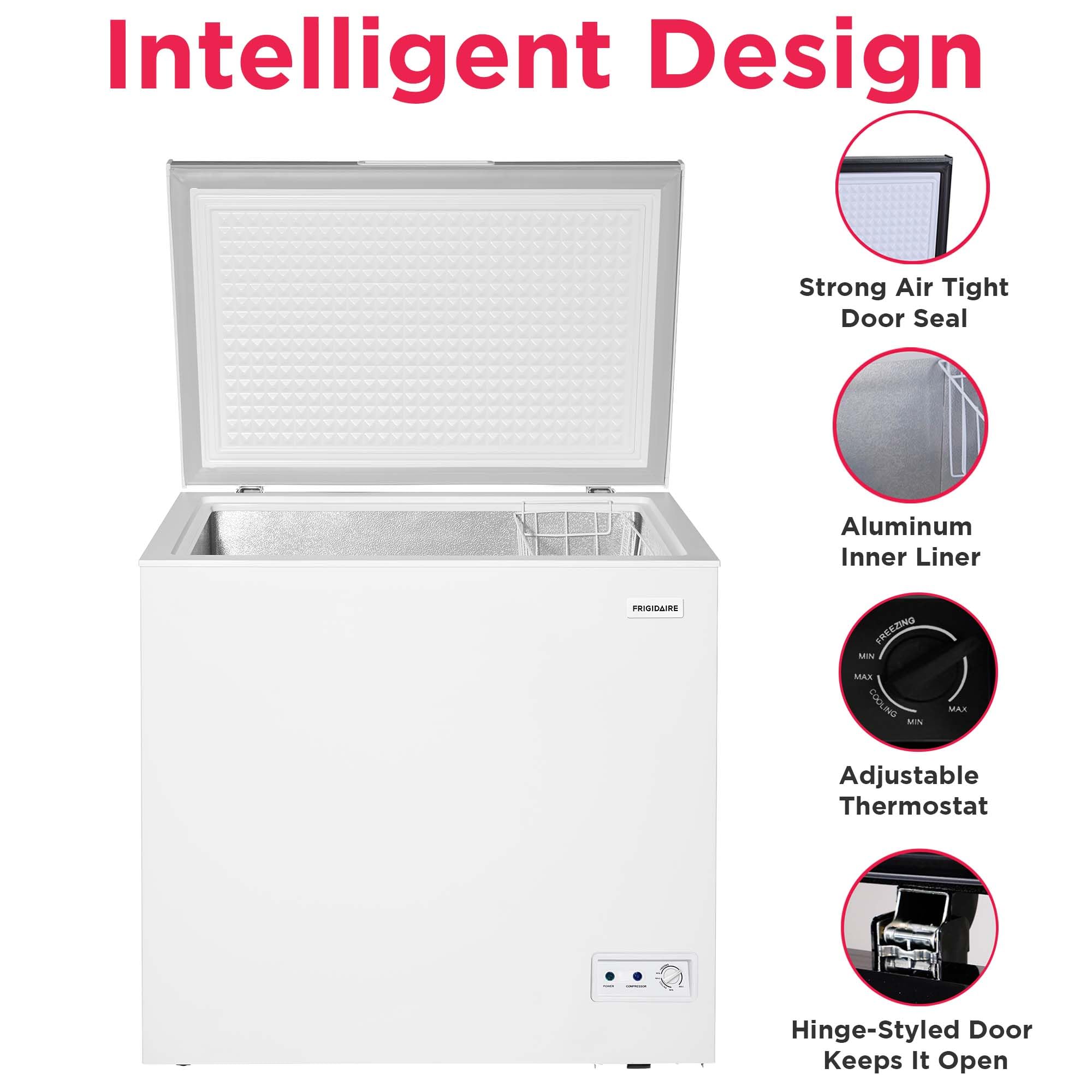 Frigidaire Chest Deep Freezer, 7 Cu. Ft. Capacity, Shiny Stainless Steel Top Lid Design-Adjustable Thermostat-Removable Vinyl Coated Wire Basket-Easy Defrost Drain- Garage Ready on Fridge.com