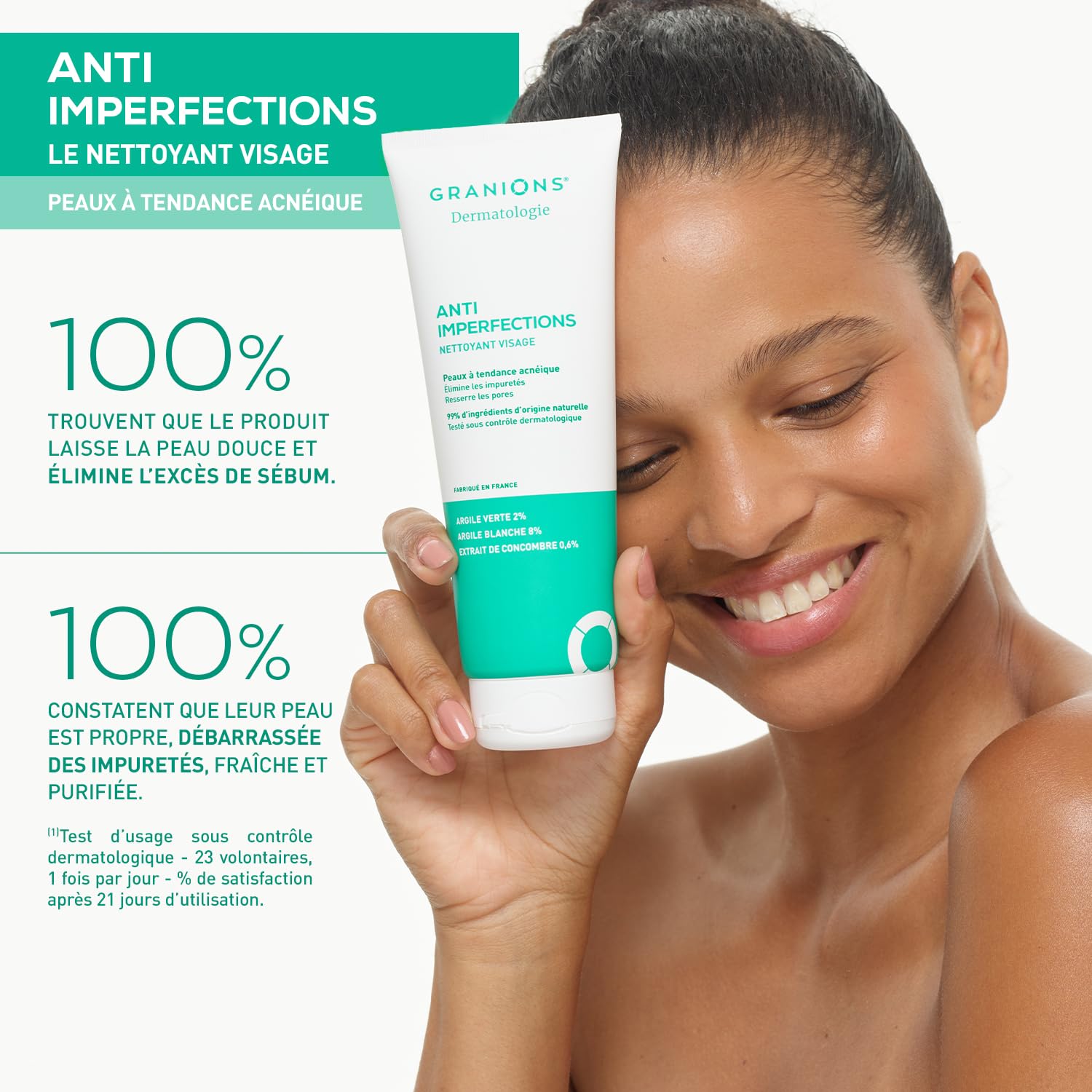 GRANIONS Nettoyant Visage Anti Imperfections - Nettoie, Hydrate & Purifie | Elimine les Impuretés & l’Excès de Sébum - Argile Verte, Argile Blanche, Vitamine C - Pour l'Acne - Résultats Prouvés - 150g