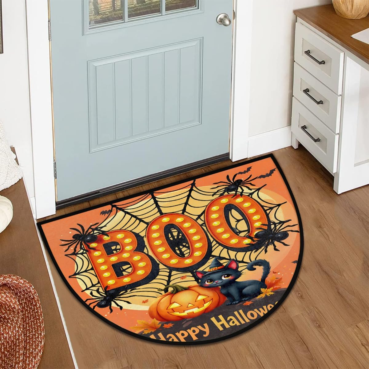 Halloween Black Cat Pumpkin Boo Half Round Doormat Washable Semi Circle Rug Non Slip Half Moon Rug Floor Mat for Indoor Outdoor Bathroom Kitchen Fireplace Entryway Bath Holiday Decor