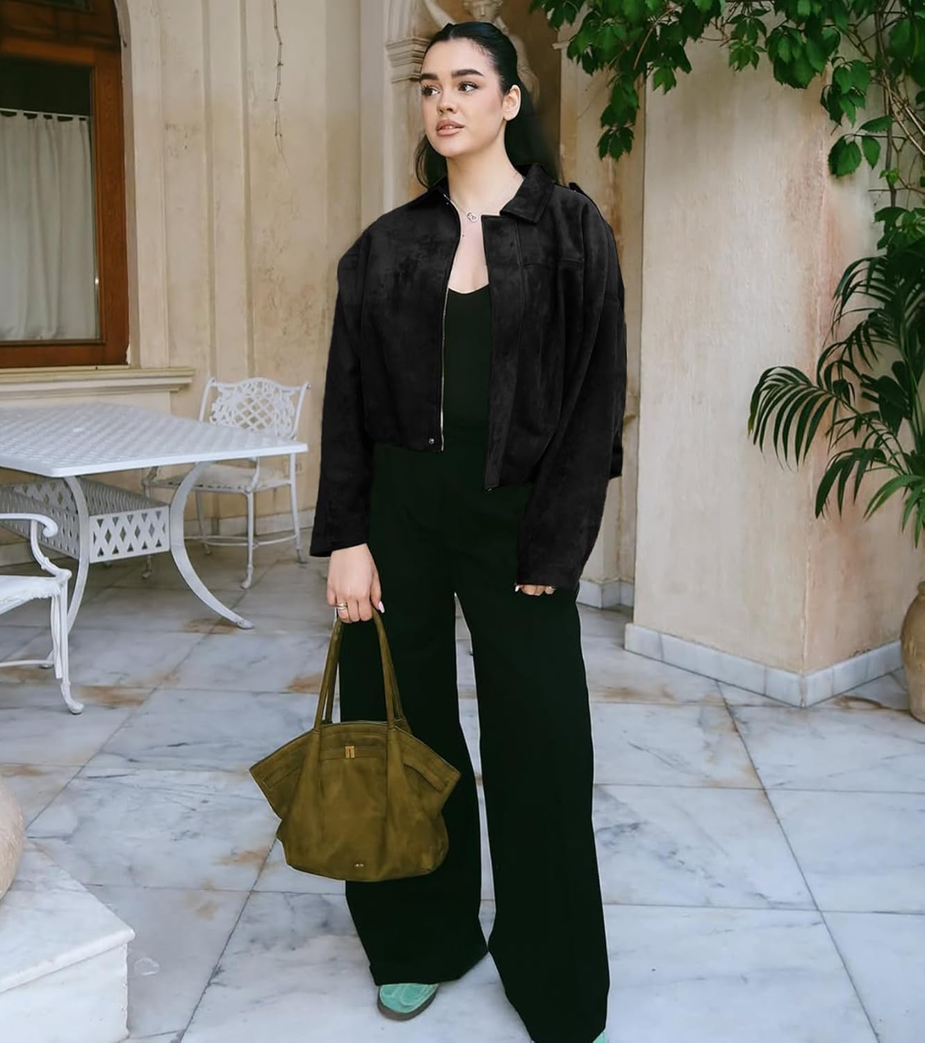 WOWULOVELY Women's Faux Suede Bomber Jacket Lapel Pilot Pocket Coat Casual Oversized Long Dolman Sleeves Trendy Streetwear - Image 5