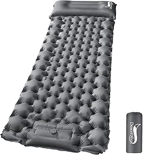 DesertFox エアーマット キャンプ マット【60s膨らむ･約10CM厚さ】足踏み式 無限連結可能 厚手 車中泊 防災 枕付き 超軽量 コンパクト 防水防潮 持ち運び便利 簡単収納 お花見に 登山 テント用 キャンプ用品 収納袋付き