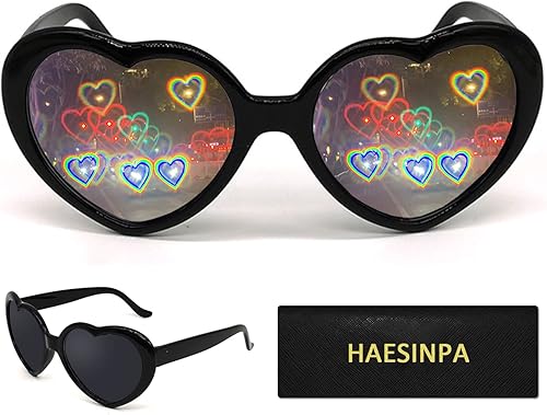 Gafas de corazón efecto negro, con elegante estuche para gafas (marco de corazón, negro)