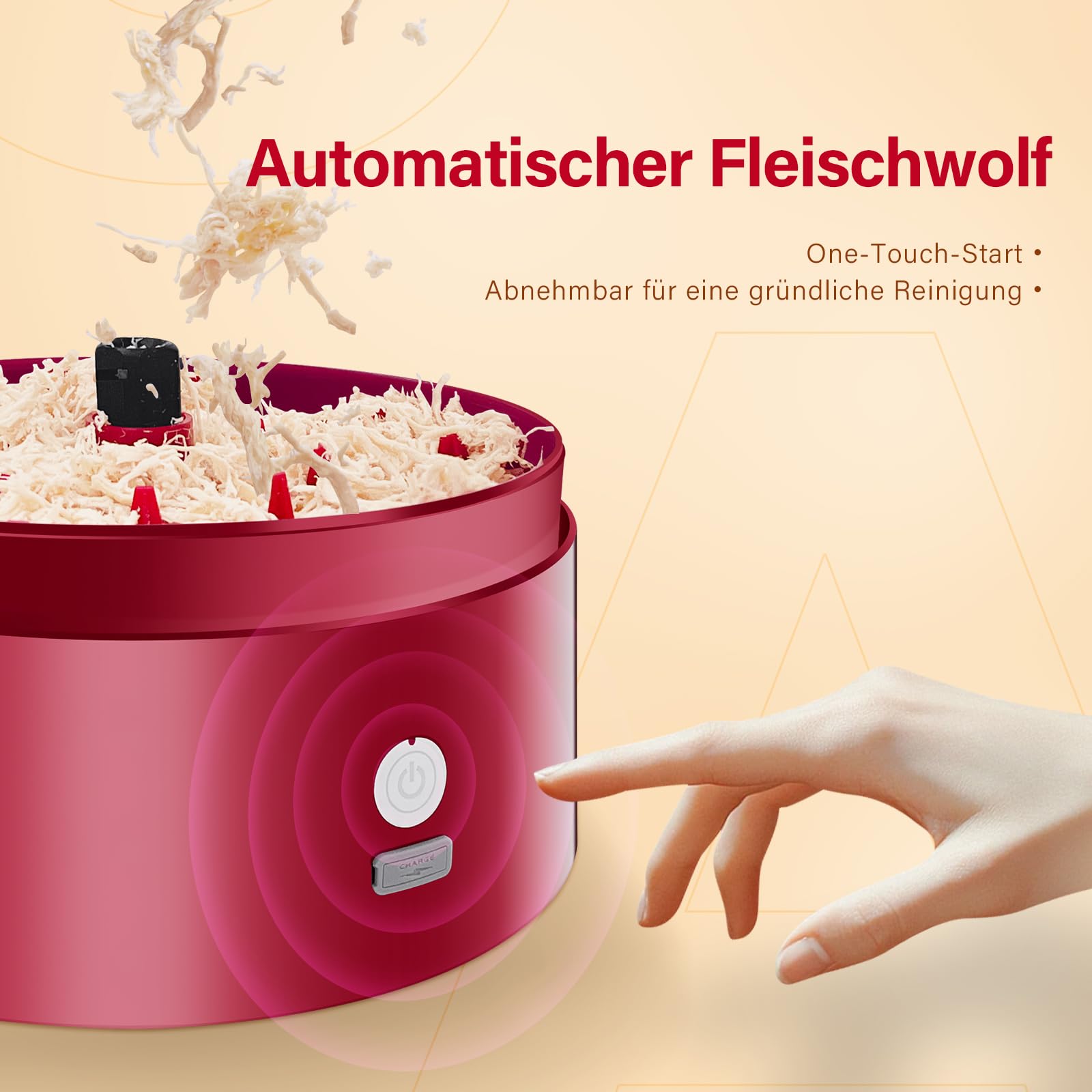 Automatischer Elektrischer Hähnchen-Zerkleinerer|Typ-C Schnellladung & 60min Laufzeit|8"/20CM sichtbare Zerkleinerungskammer mit Bürste/Gabel|BPA-frei spülmaschinenfest|für Meal Prep (Rot)