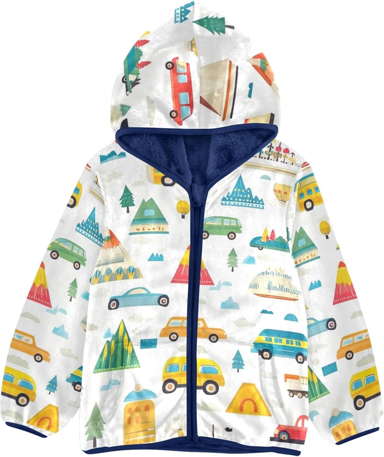 KLL Cartoon Cute Car Vehicle Toddler Hooded Jackets Outerwear Jackets Navy Blue Baby Boys Hoodie