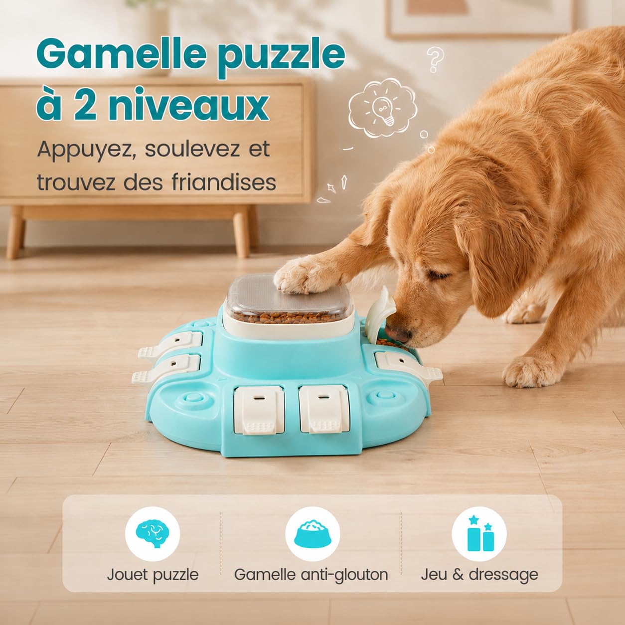 Potaroma Jouet Chien Puzzle d’Occupation, Gamelle Anti-Glouton 2 Niveaux | Pressez, basculez, trouvez : petites croquettes distribuées pas à pas pour des repas plus calmes.