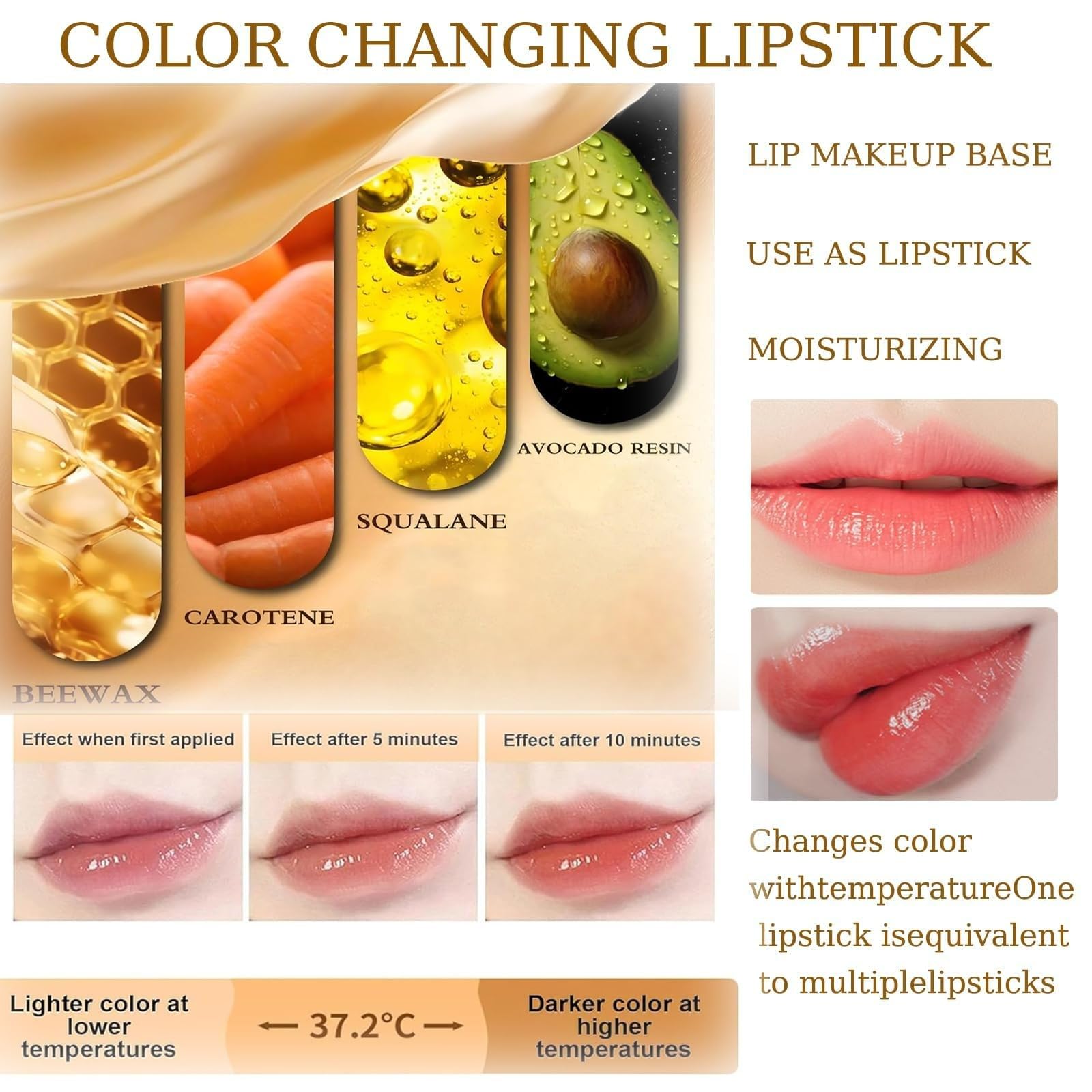 Lápiz Labial con Cambio de Temperatura, Labial de Larga Duración, Bálsamo Labial Transparente Dorado, Labial con PH Adaptable, Bálsamo Labial que cambia con la Temperatura (1PC) - 4