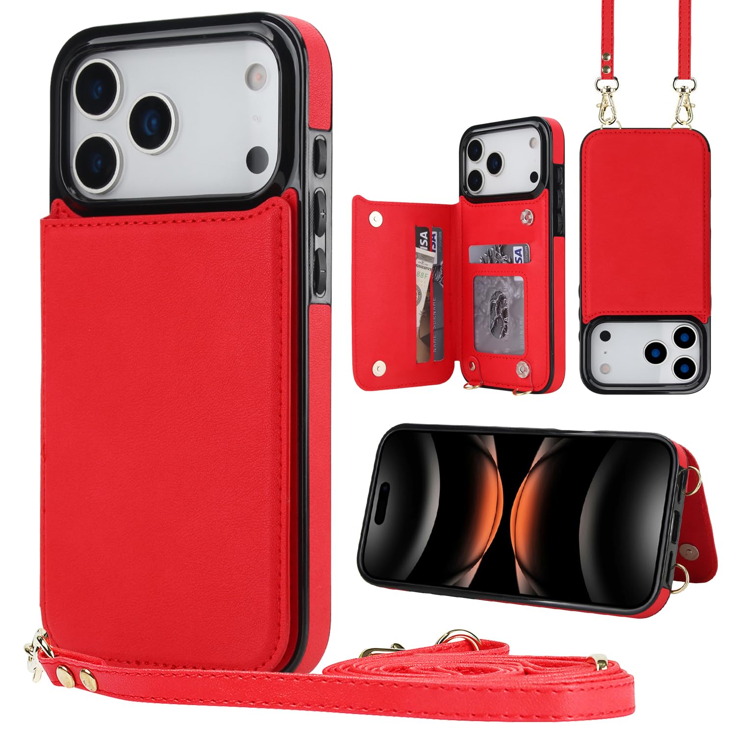 Photo 1 of GOWESAL iPhone 17 Pro Wallet Case with Card Holder - Red