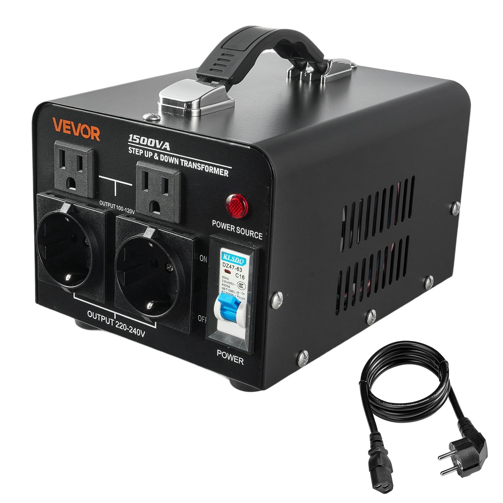 VEVOR Transformator napięcia podnośnika reduktora 220 V do 110 V i 110 V do 220 V, 1500 VA, z wtyczkami amerykańskimi i UE, kablem zasilającym, ochroną przełącznika 15 A