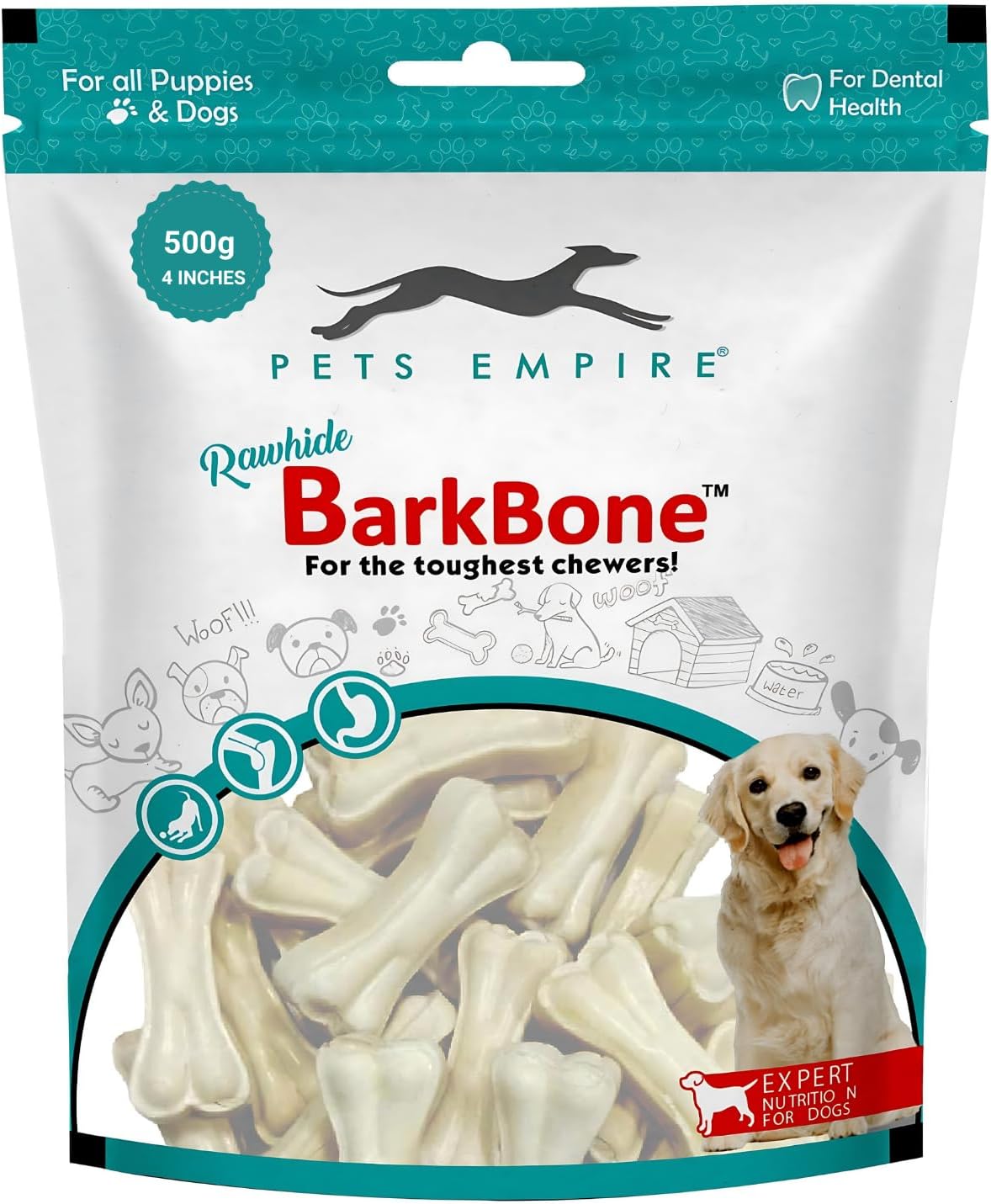 Rawhide Pressed Chew Dog Bone Pack 4 Inches, Chewy Dogs Training and Feeding Treats, Crunchy Chew Calcium Bones, Pet Haddi Treat for Dogs, Pups, Puppies - 500g