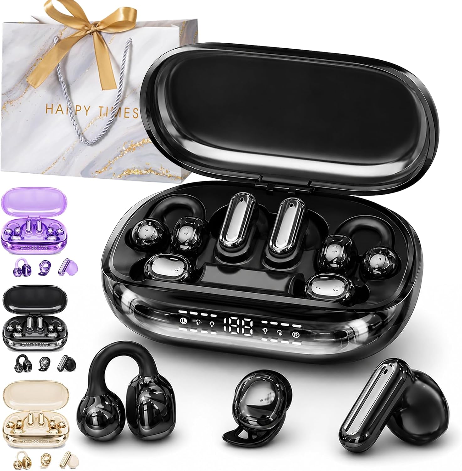 6 in 1 Smart Wireless Earbuds, Open Ear Clip On Sleep Earbuds Bluetooth 6.0, Power Bank Charging Case, LED Display Touch Control, Low Latency Spatial Audio, AI Noise Reduction (Black)