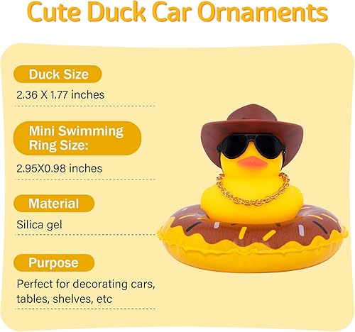 Miniatura 3 de wonuu Pato de goma para automóvil, decoración de pato amarillo con sombrero de sol, anillo de natación, collar de gafas de sol para decoración de