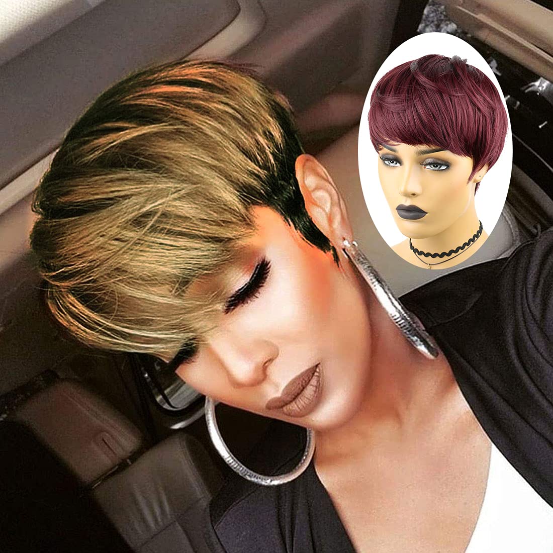 Buy Yviann Pixie Cut Syntehtic Hair with Bangs Wine Red Color Short