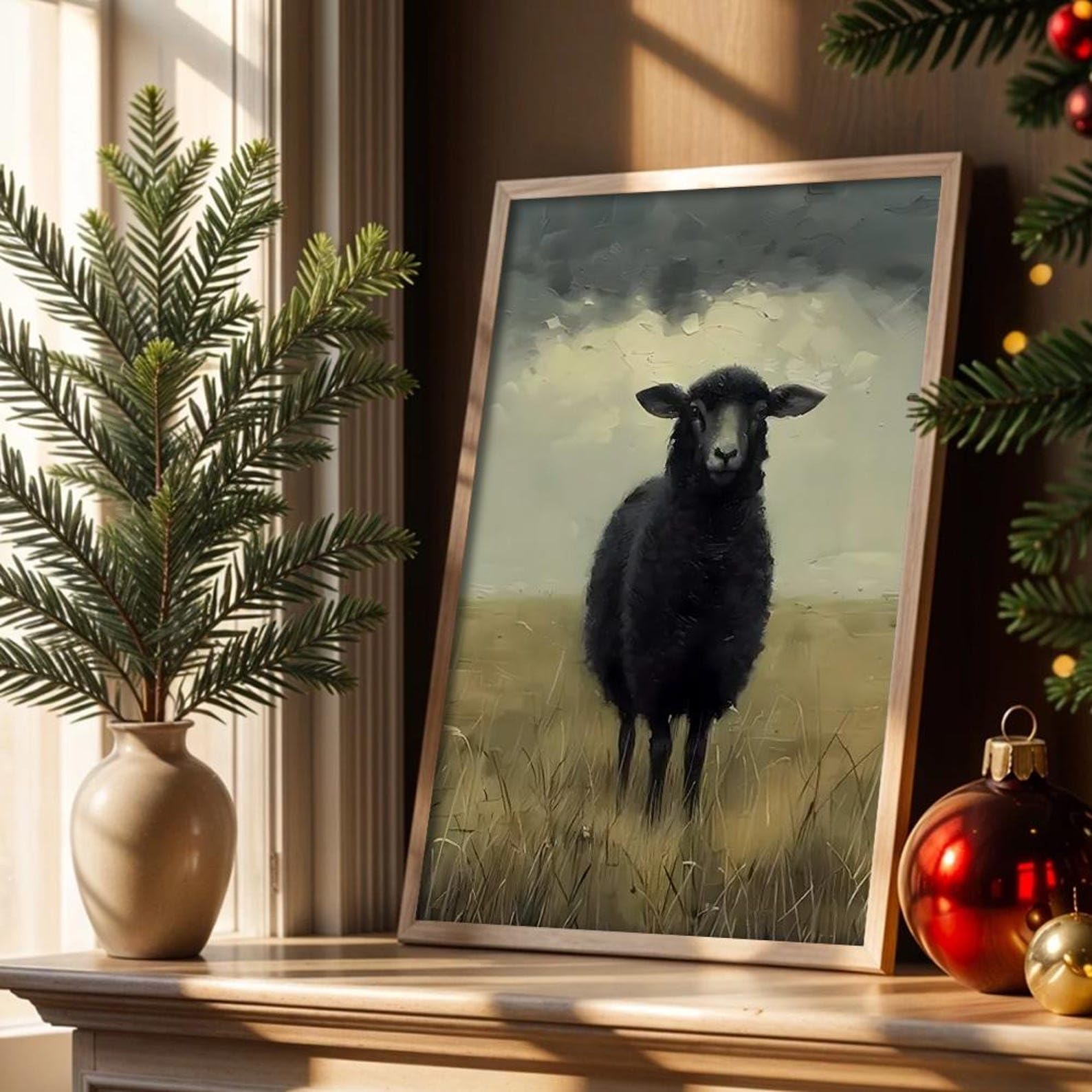 CAOXTART Nowoczesny minimalistyczny wystrój domu, czarna owca plakat z nadrukiem na płótnie: rustykalny dom sztuka ścienna vintage rustykalny obraz zwierzęcy (70 x 110 cm/rama wewnętrzna)