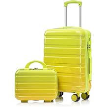GDFStudio 14/20 Inch 2 Piece Luggage Set,PC Hard Shell Spinner Suitcase,Combination Lock,360 Silent Wheels, Retractable Handle,Carry On Travel Luggage with 14 Cosmetic Case,Gradient Yellow-Green