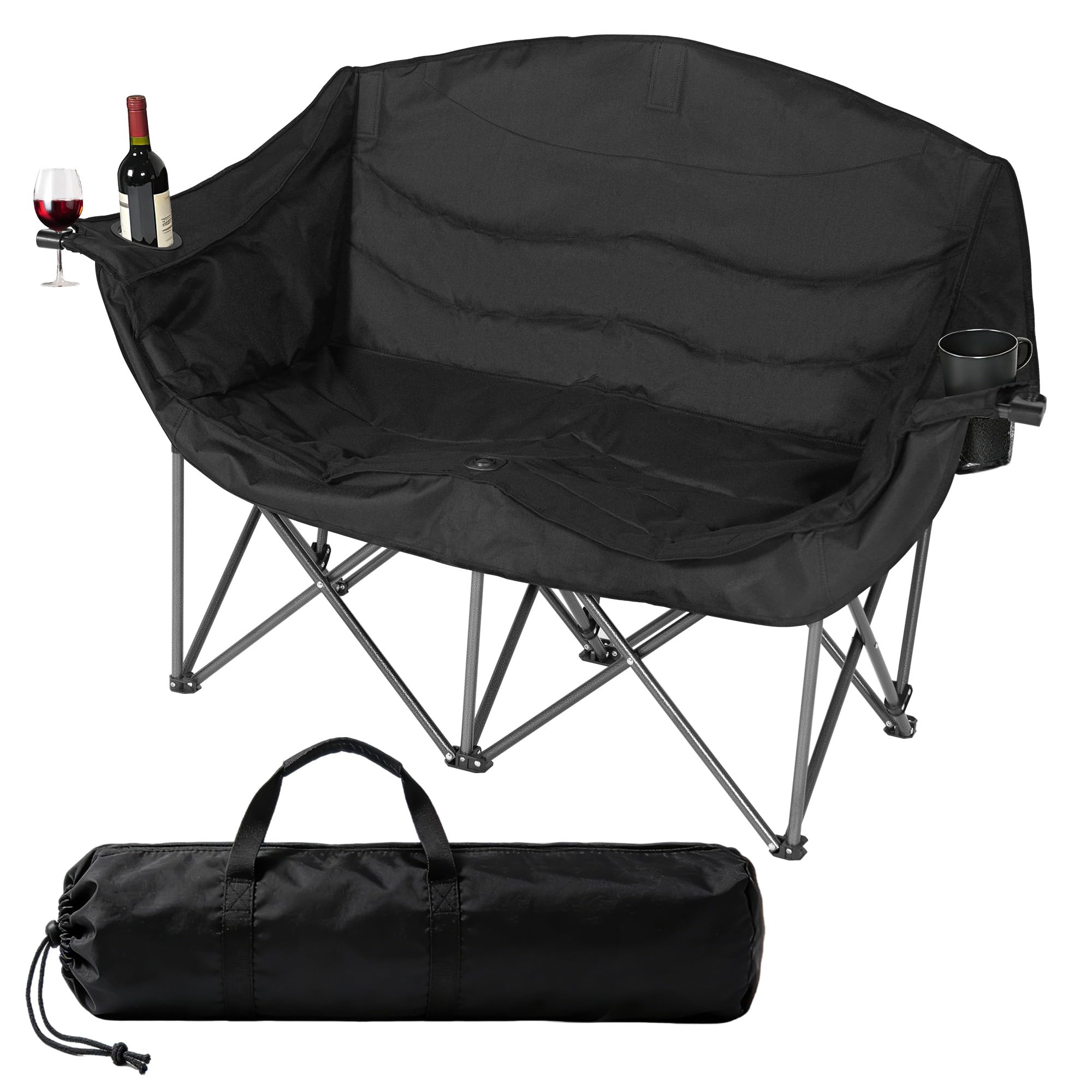 SogesPower Doppelter Campingklappstuhl mit 2 Getränkehaltern & Weinglas Halter – Gepolsterter 2-Sitzer (50x140x93 cm) – Stahlgestell 300 kg Tragfähigkeit – Für Strand, Picknick, Garten, Konzerte