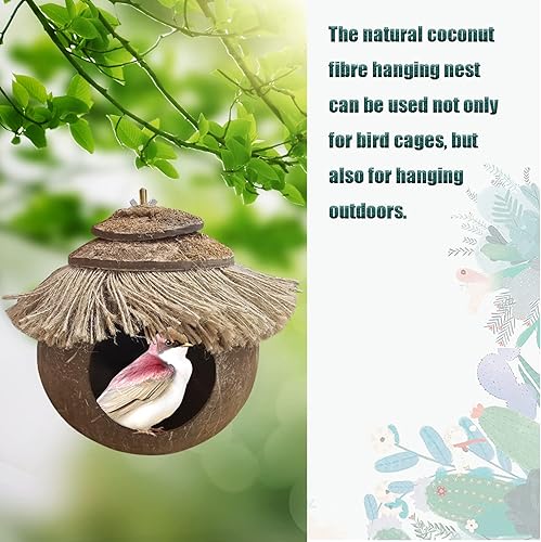 Vista 30 de Tfwadmx Casa colgante para pájaros con escalera, fibra de coco natural, nido de pájaros, conchas de coco, escondite, agapornís, columpio, juguetes