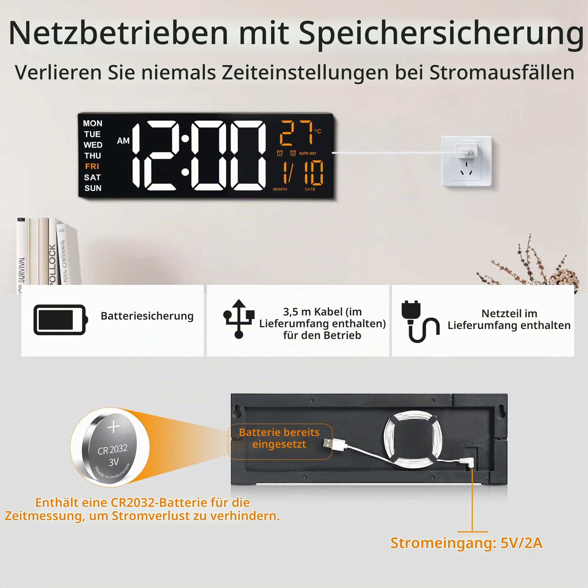 16,5" Große LED Digital Wanduhr mit Nachtlicht, Automatischer Dimmfunktion, 2 Weckern, 8 RGB-Farben, Temperaturanzeige, Fernbedienung, 12/24 Std., Timer für Wohnzimmer, Schlafzimmer, Büro