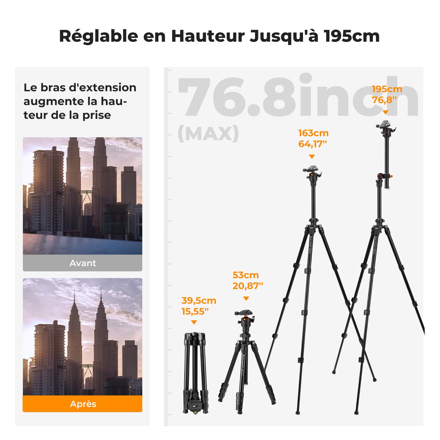 K&F CONCEPT Trépied d'appareil Photo et Smartphone avec Bras d'extension 195cm, Aluminium léger et Compact, Compatible avec Canon Nikon Sony DSLR iPhone Samsung, Tête sphérique à 360°, 8kg Charge Max