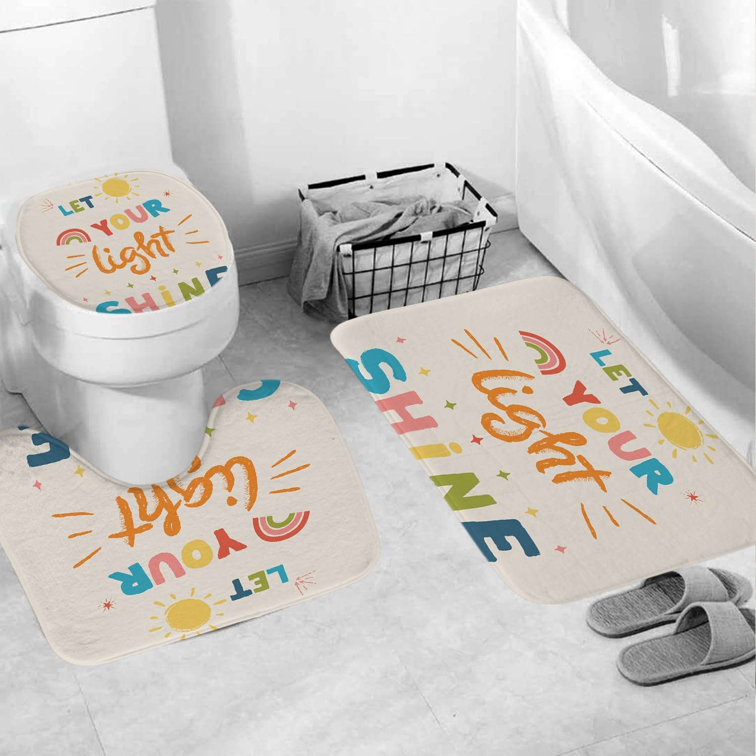 4 Pcs Quotes Colorful Kids Bathroom Shower Curtain Sets with Non-Slip Rugs Cartoon Inspirational Classical English Letter Let You Light Shine Sun Simple Classic for Child Waterproof 72*72in