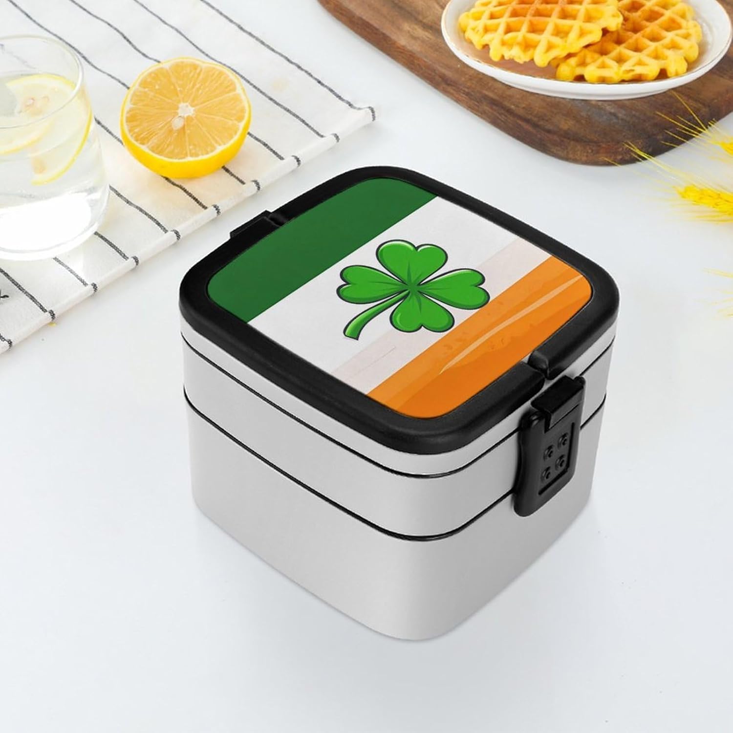 Ireland Shamrock Irish Flag Bento Box with Spoon 2 Layer Food Container Cute Lunch Box for Travel Dining Work