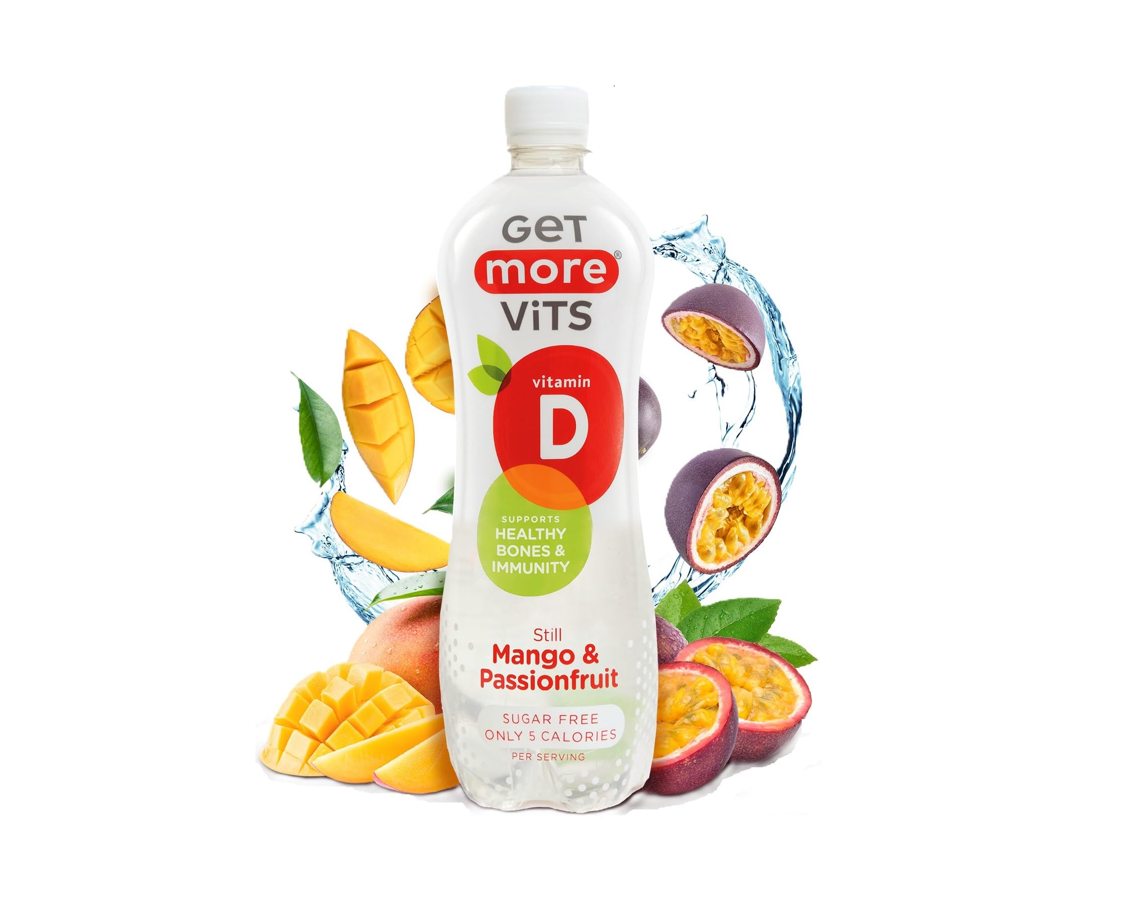 Get More Vits Flavoured Water - Mango & Passionfruit Still Water with 10ug Vitamin D & Calcium - Low Calorie, Sugar Free, & Vegetarian Spring Water for Adults & Kids - 1 Litre Bottle, Pack of 12
