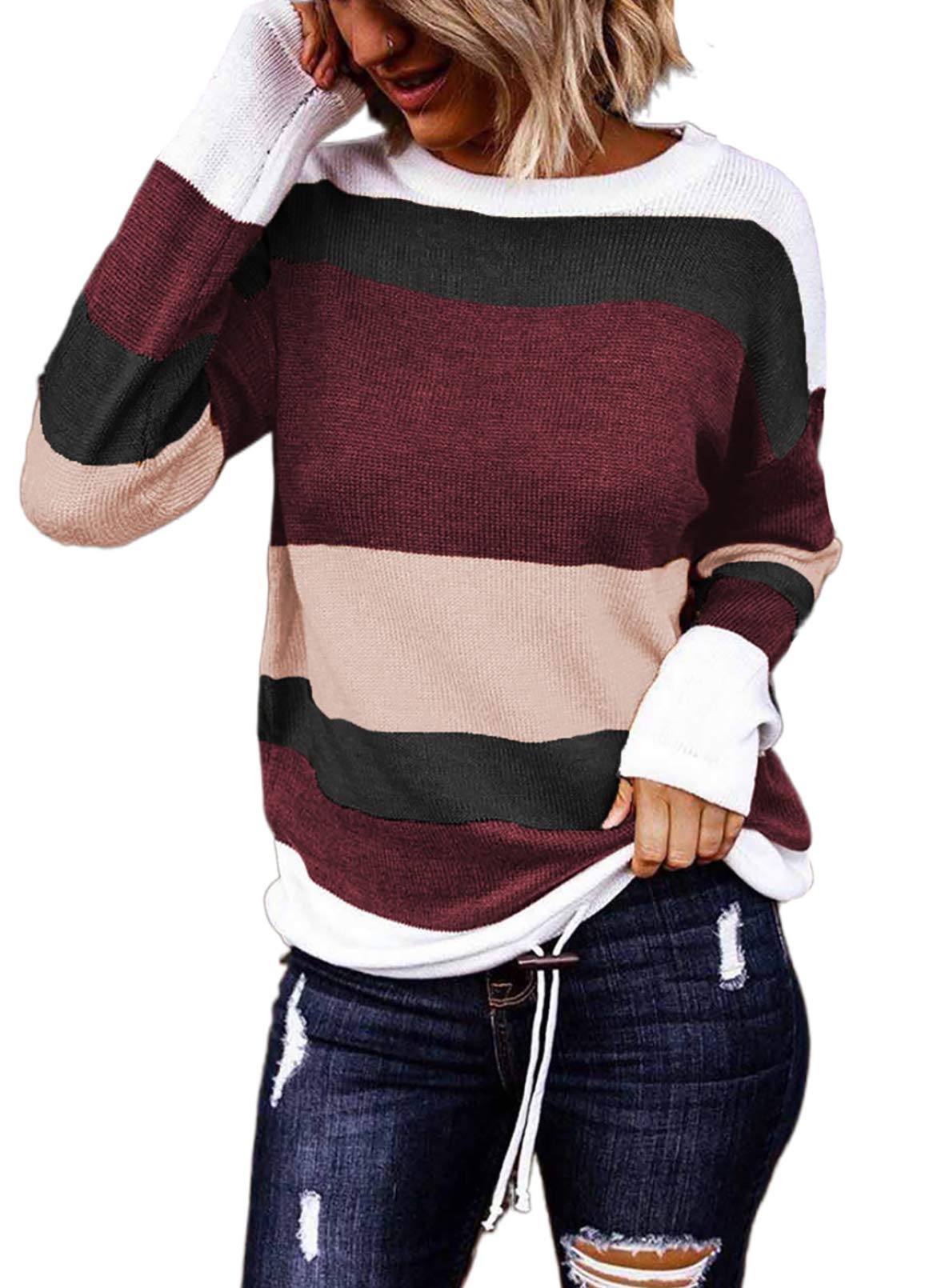 Women Striped Long Sleeve Drawstring Hem Color Block Knit Pullover