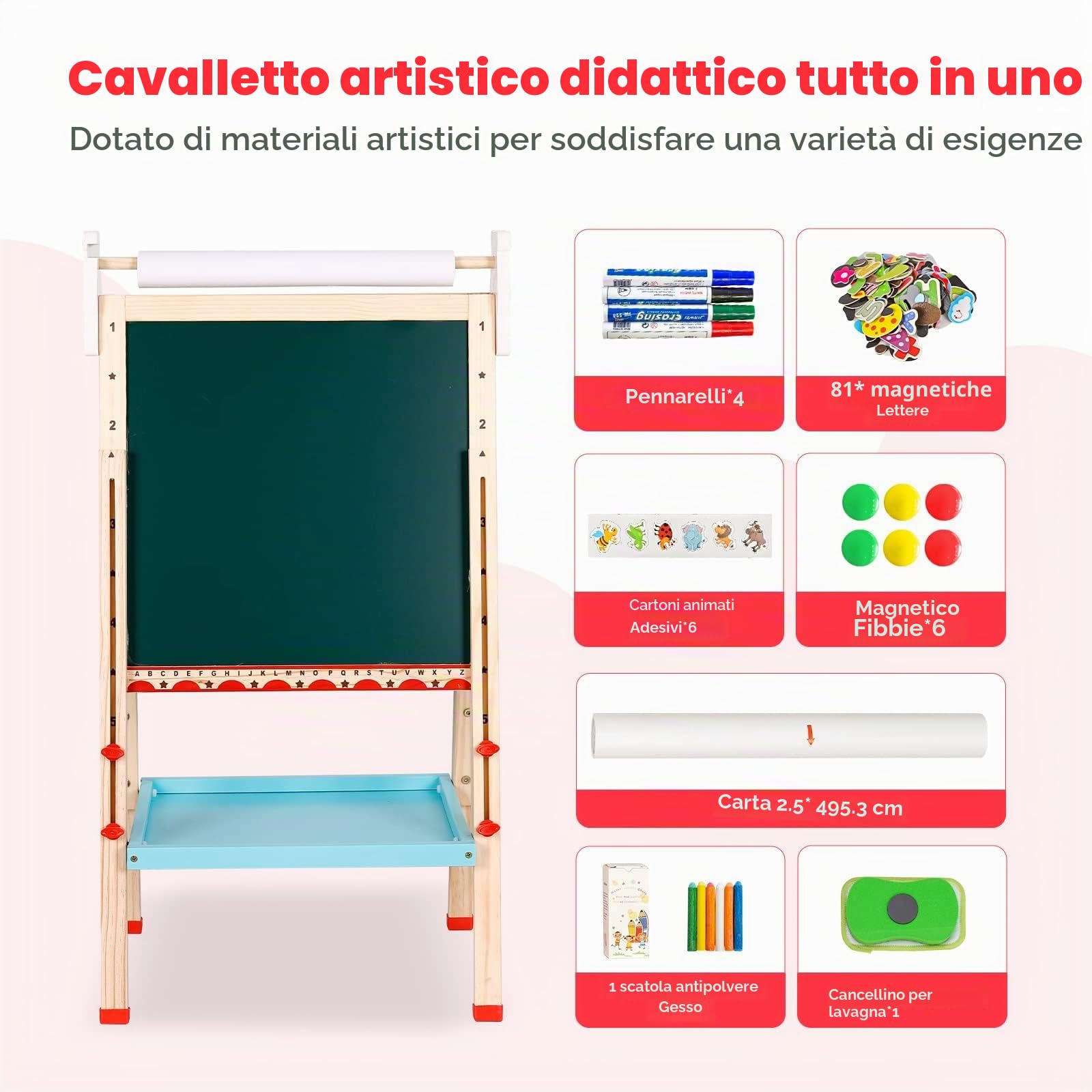 Lavagna per Bambini a Doppia Faccia con Cavalletto Regolabili in Altezza,Rullo di Carta,Lavagna Bianca,Adesivi dei Cartoni Animati e Altri Accessori,Giocattoli Educativi 3+ Anni