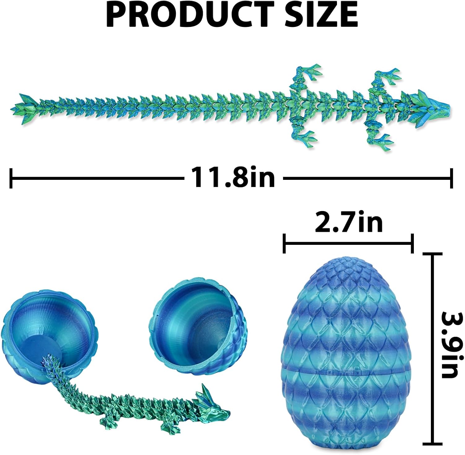 3D Printed Dragon Egg with Dragon Inside, Articulated Crystal Dragon Fidget Toy for Home Office Decor Executive Desk Toys, Easter Basket Stuffers for Adults and Kids (Ocean Blue, H:3.9 Inch)