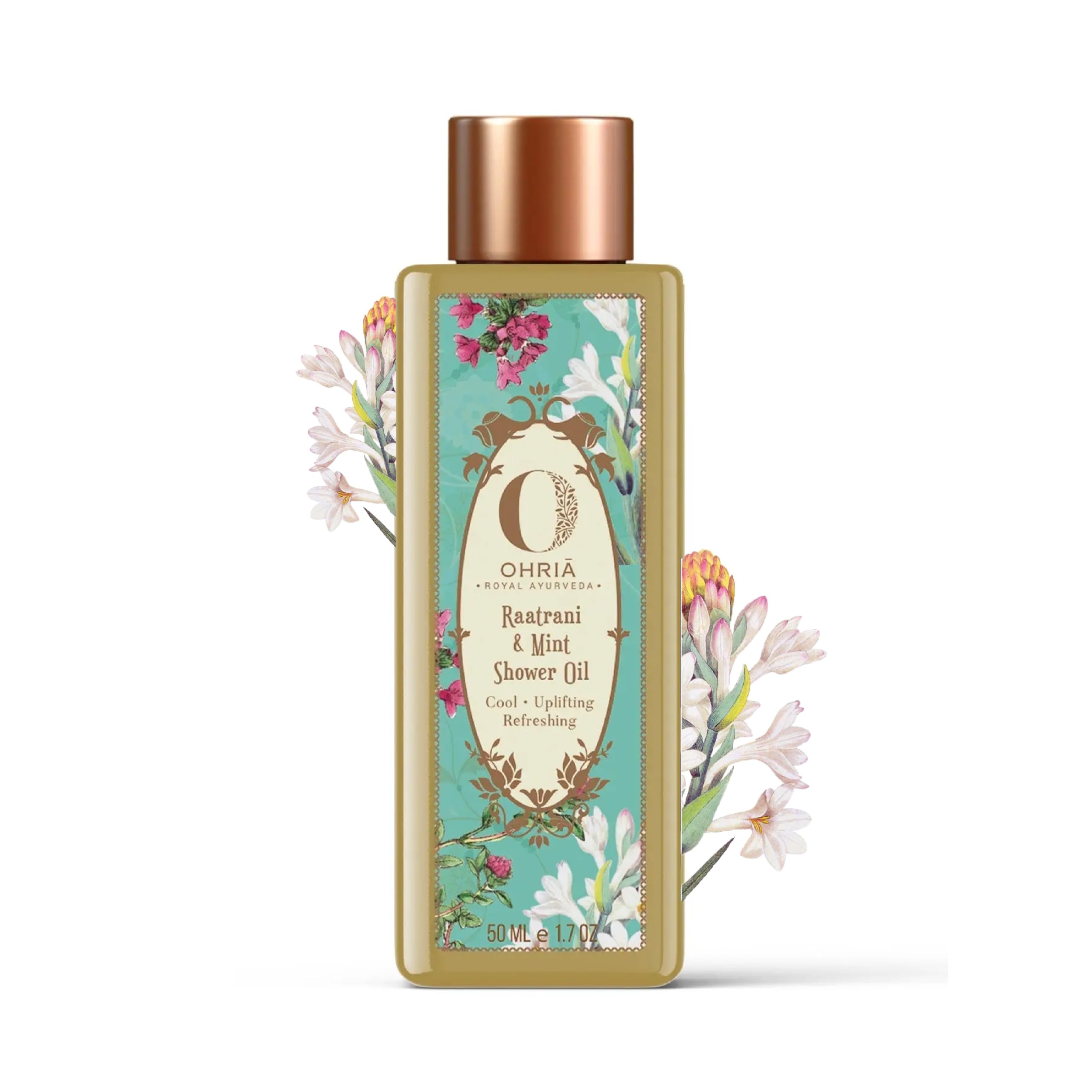 ohria ayurveda raatrani & mint shower oil | cooling, uplifting & refreshing/| men & women| for all skin types - 50ml