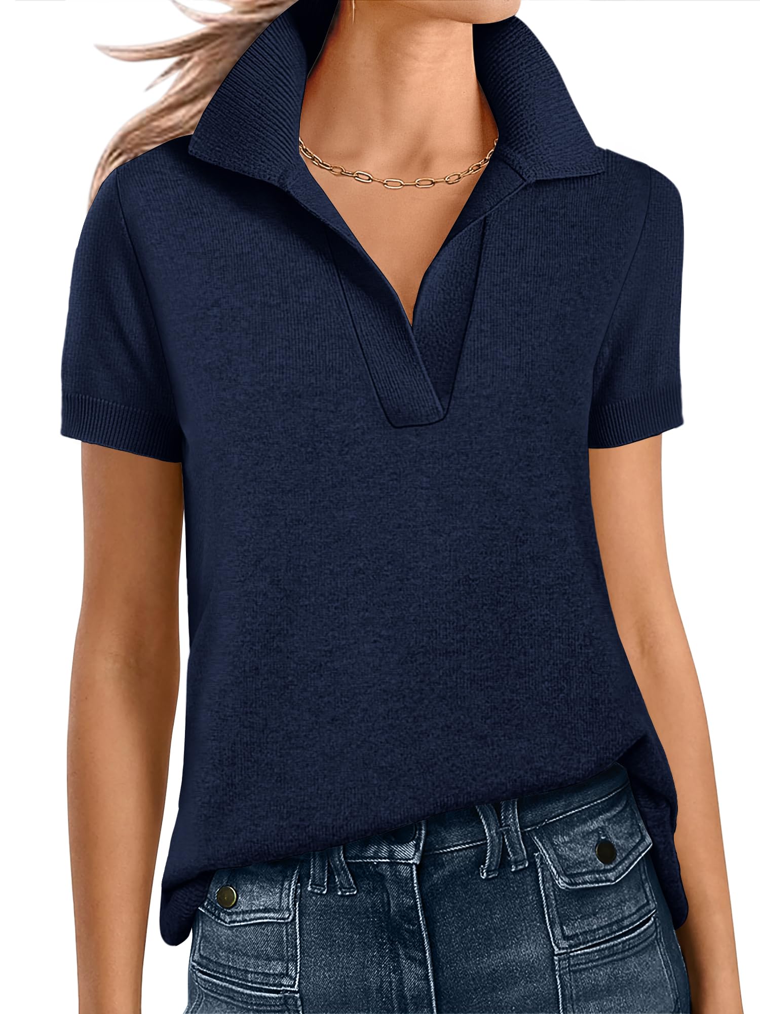 ANRABESS Women Short Sleeve Sweater Wool Blend Polo V Neck Shirts Summer Dressy Top Business Casual Spring Vacation