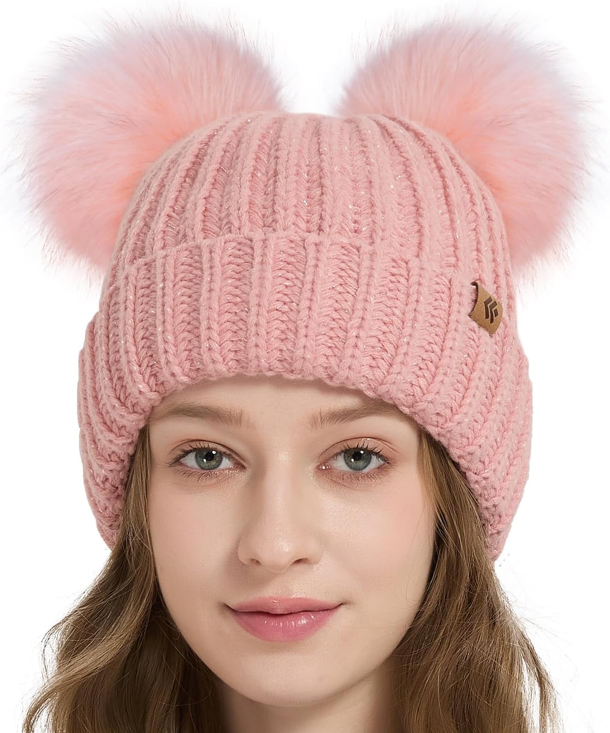 Double Pom Pom Beanie Winter Hats for Women Girls, Warm Fleece Lined Beanie, Thick Knit Hat Faux Fur Bobble Hat