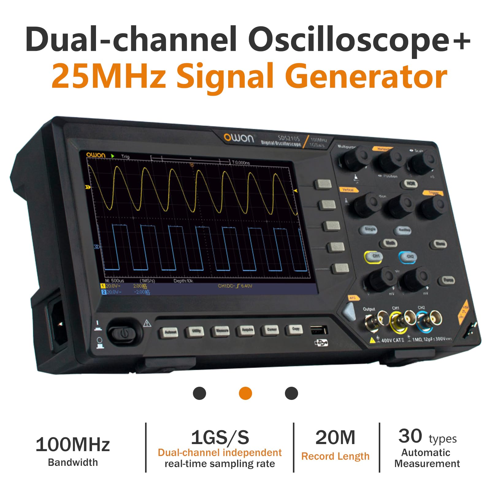 OWON SDS210S Osciloscopio digital 100 ancho de banda 2 canales 25 MHz forma de onda aleatoria 1 GS/s FFT+ 25MHz Generador de señal de 14 bits