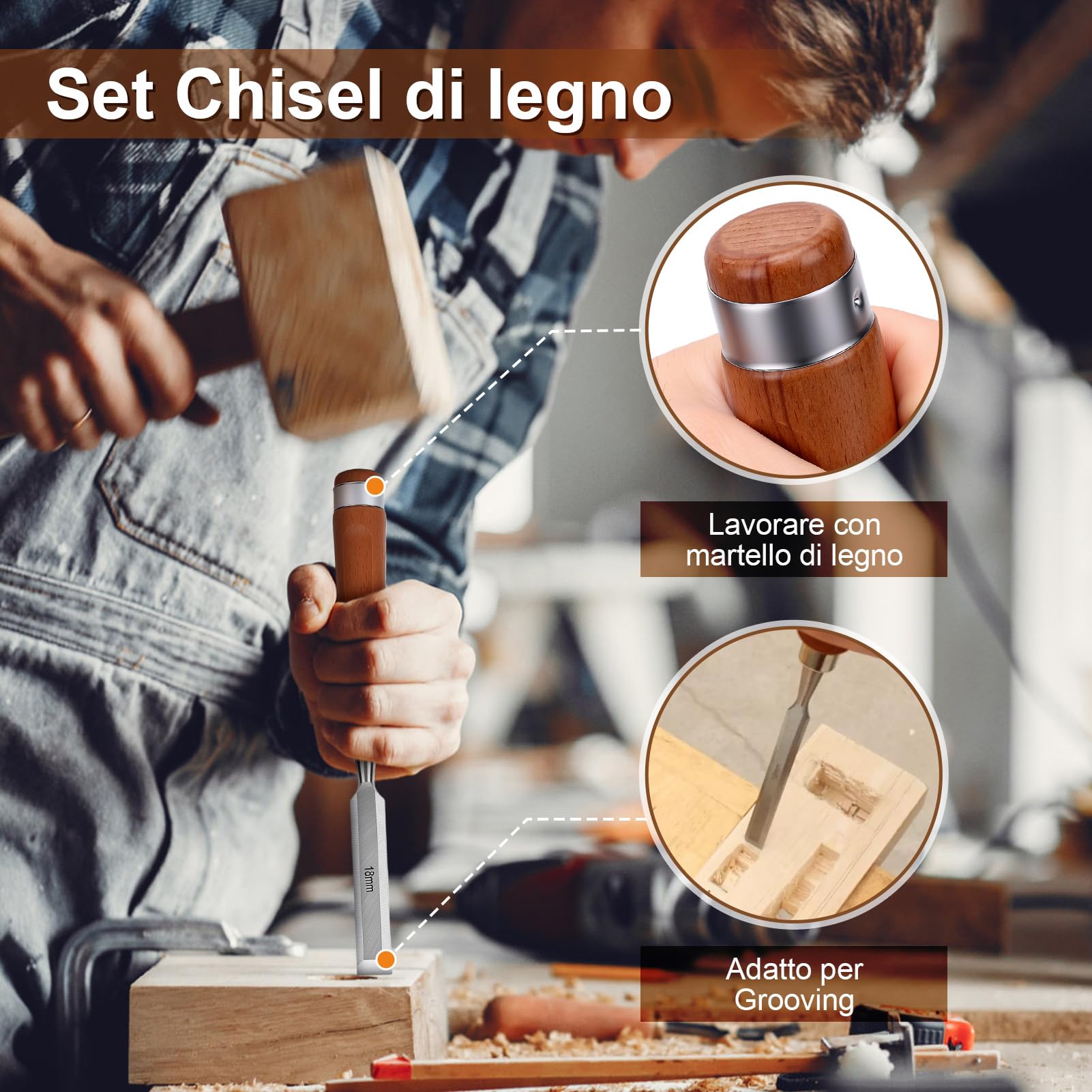 Set di Scalpelli per Legno, 8PCS Scalpelli da Intaglio di Lavorazione | Scalpello per Legno, Guida per Affilare e Pietra per Affilare, Scatola, per Intaglio, Carpenteria, Rifilatura dei Bordi