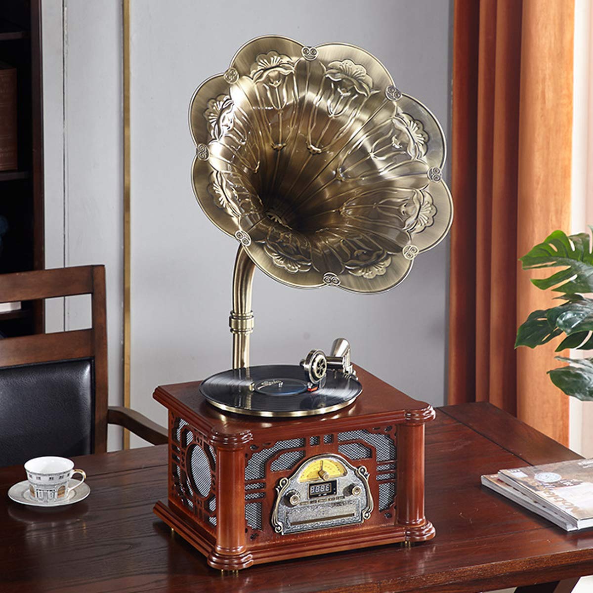 gramofon retro gramofon gramofon bluetooth 3-biegowy głośnik z wieloma funkcjami salon dekoracja wnętrz brązowy