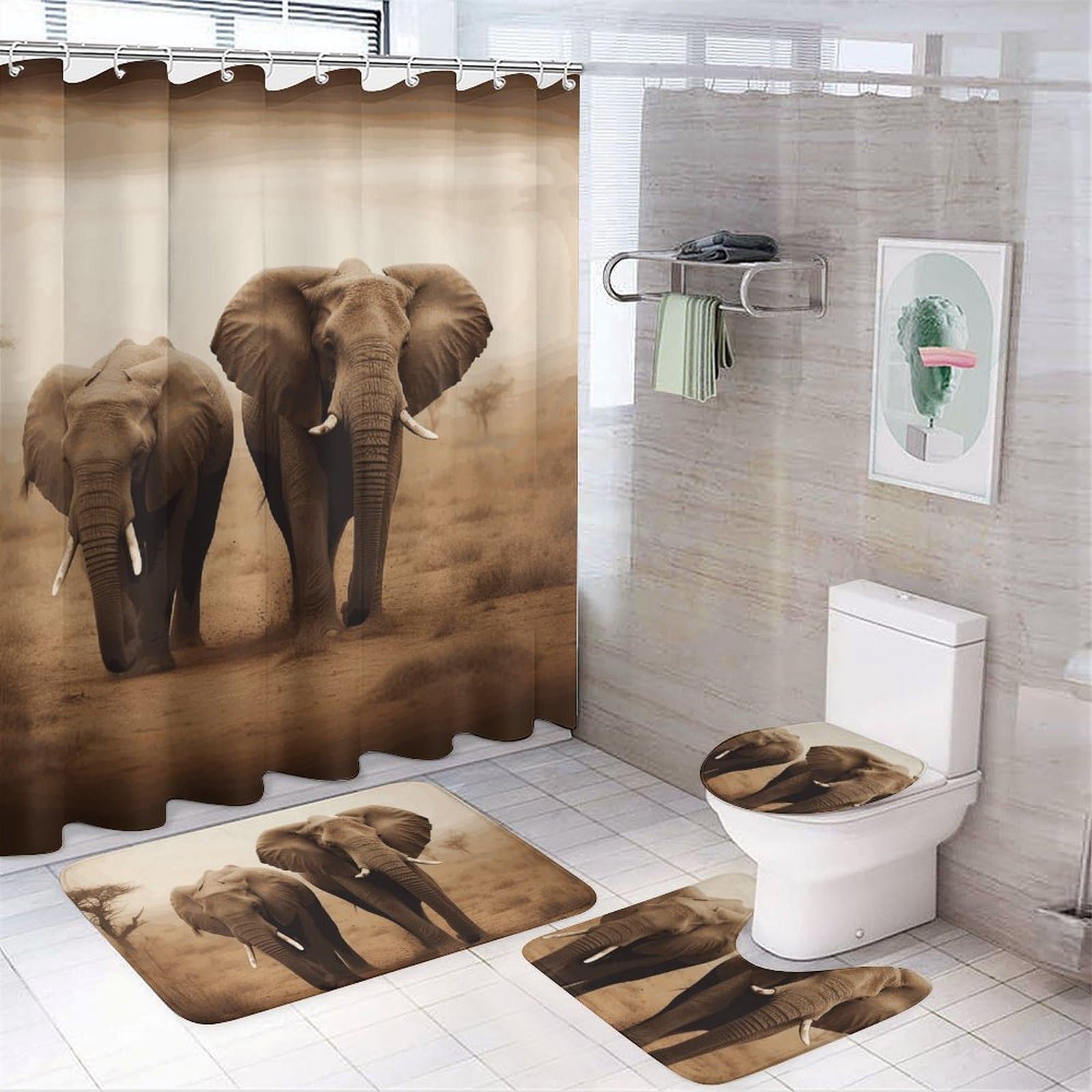 Rideau de douche éléphants de qualité supérieure avec tapis de bain et accessoires assortis