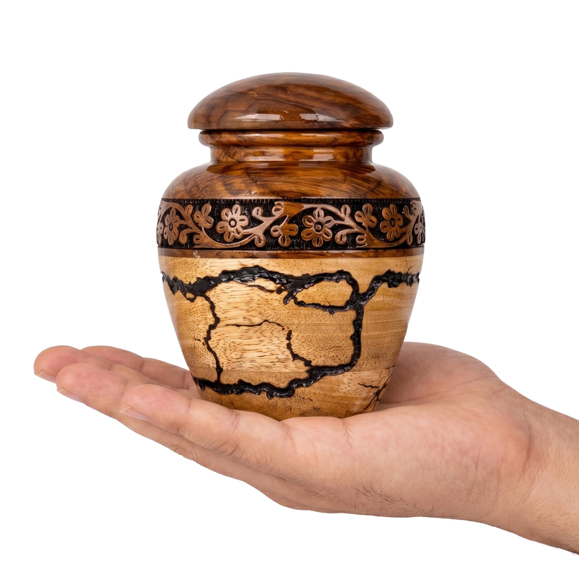 Small Wooden Urns for Human Ashes – 20 lb Black Thunderstorm Pattern Cremation Urn, Decorative Keepsake Burial Container for Ashes Adult Male or Female Memorial Display
