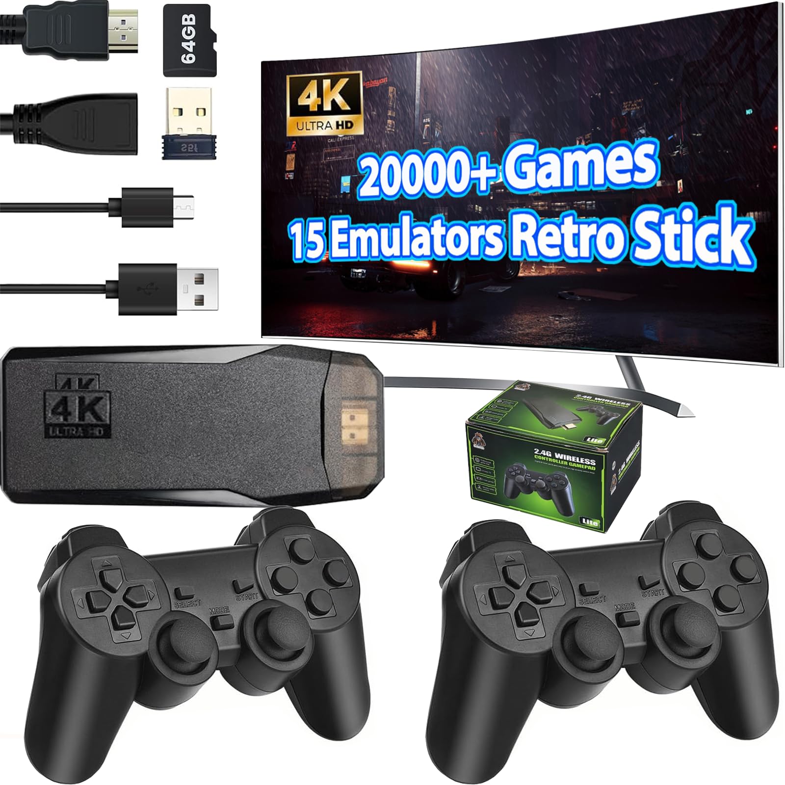 Wireless Retro Game Console Stick Built-in 20000+ Classic Games, 4K HDMI Output Nostalgia Plug & Play Retro Video Gaming Stick with 15 Emulators and Dual 2.4G Wireless Controller?64GB Memory Card?