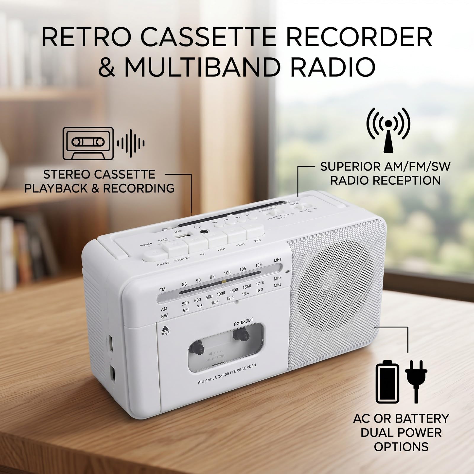Tangxi Reproductor de Casete Portátil Radio Am FM SW con Función de Grabación Altavoz de 6 W Tarjeta SD USB Bluetooth para Regalos de Viaje en Casa Padres Personas Mayores
