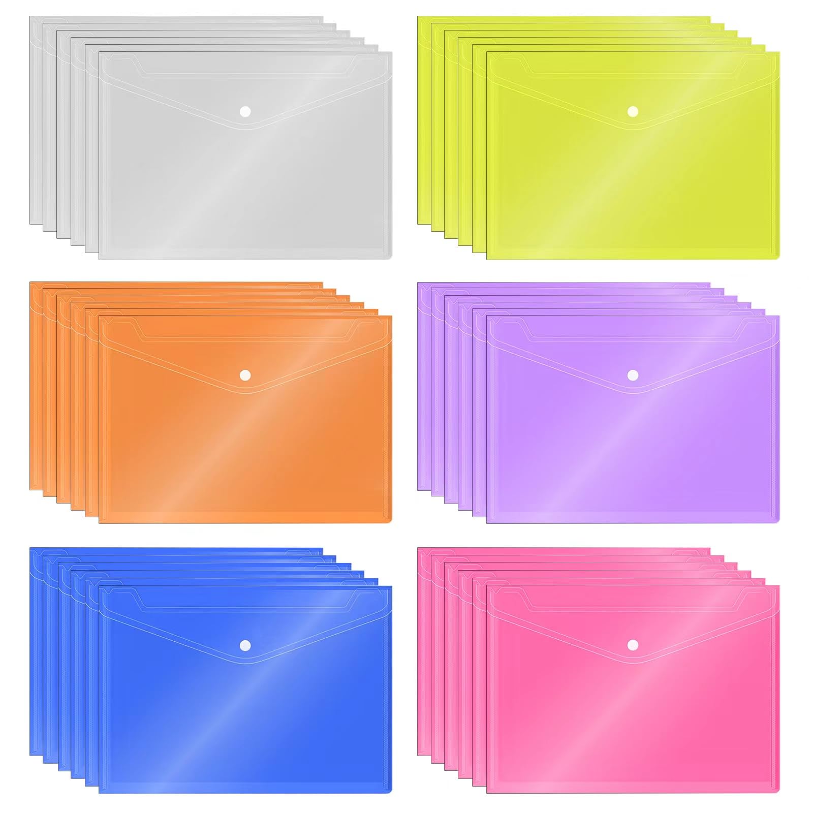 36 Pack- Plastic Wallets Folders A4 Document Folder Plastic Popper Wallet with Button Closure for School Office Supplies (Deep Blue+Orange+Pink+Transparent+Purple+Yellow)