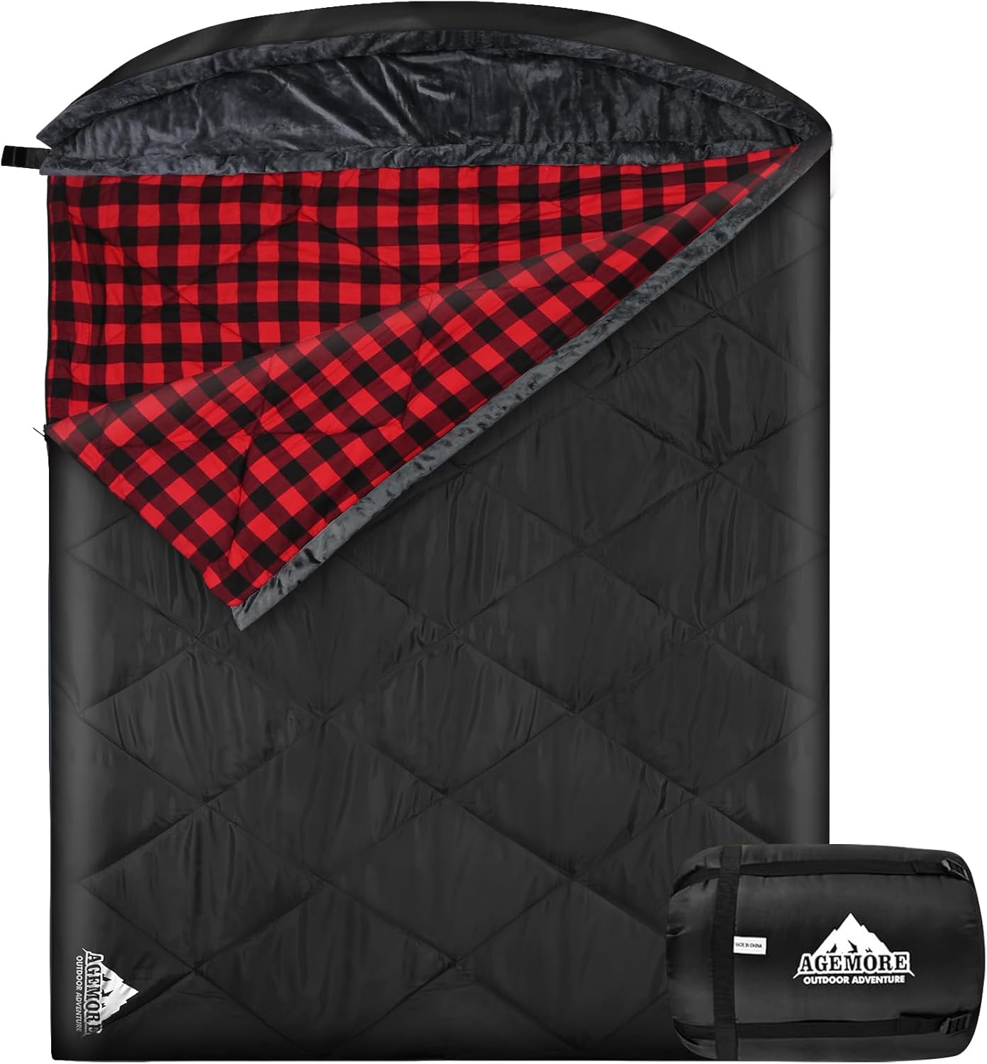 AGEMORE Cotton Flannel Double Sleeping Bag with Fleece Lined Hood, Waterproof Queen Size 2 Person Sleeping Bag for Adults Cold Weather Camping Backpacking or Hiking, 3-4season Black