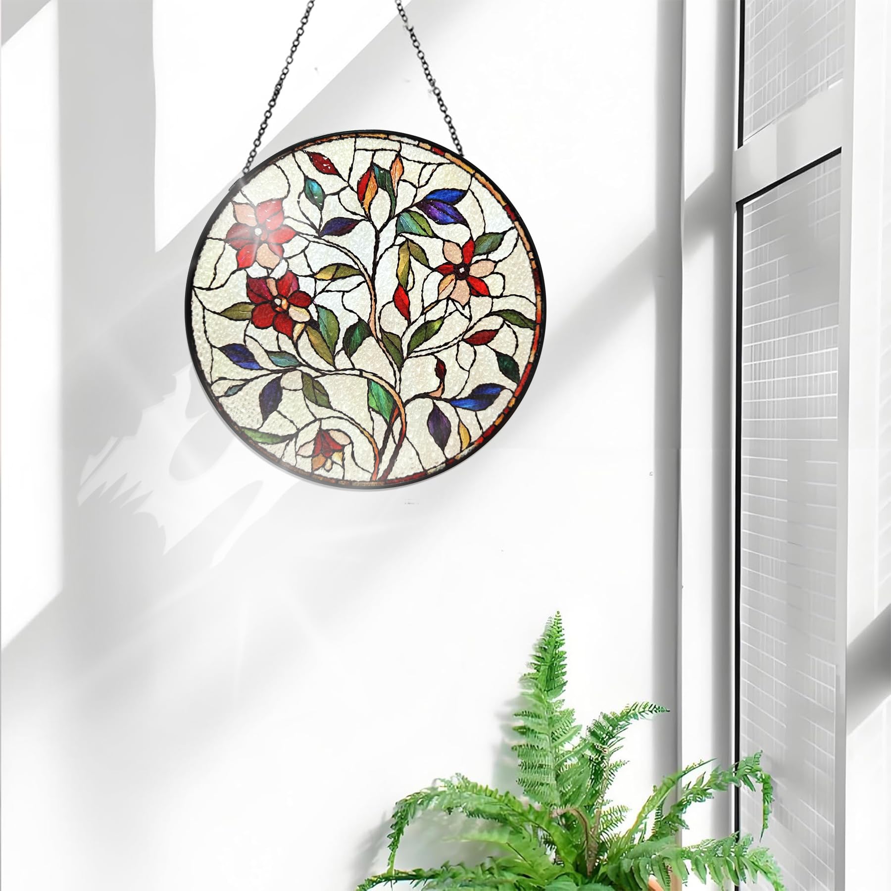 Bimkole Flower Stained Glass Suncatcher Window Hanging, Leaves Design for Indoor Window or Doorway Decoration - Image 3